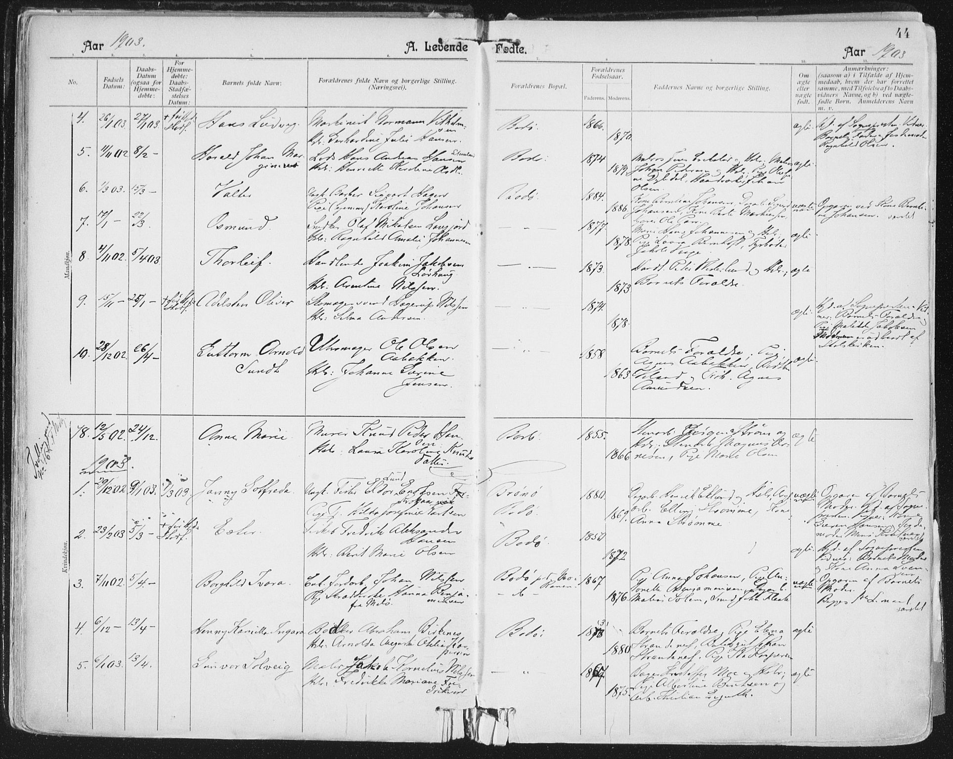 Ministerialprotokoller, klokkerbøker og fødselsregistre - Nordland, AV/SAT-A-1459/801/L0011: Parish register (official) no. 801A11, 1900-1916, p. 44