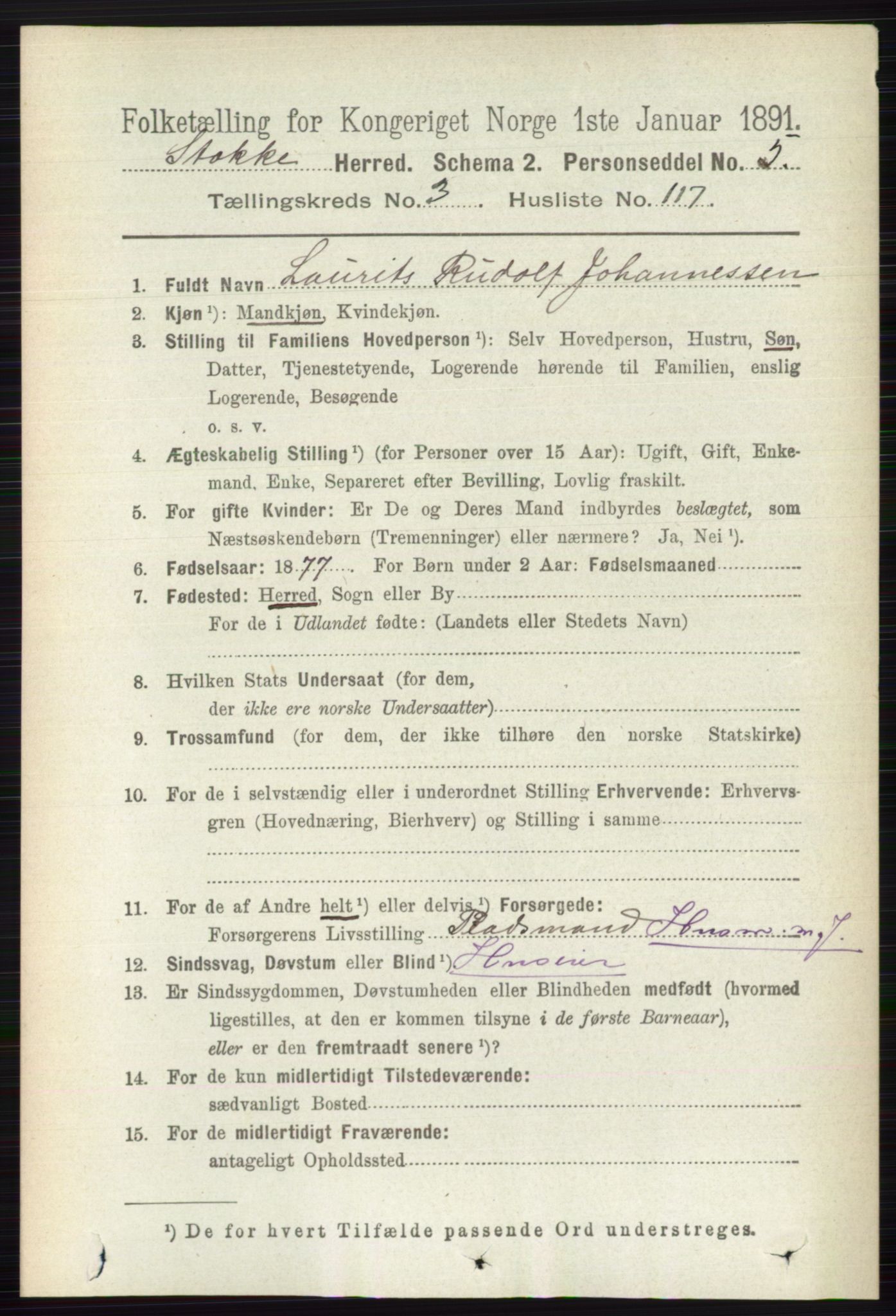 RA, 1891 census for 0720 Stokke, 1891, p. 2313