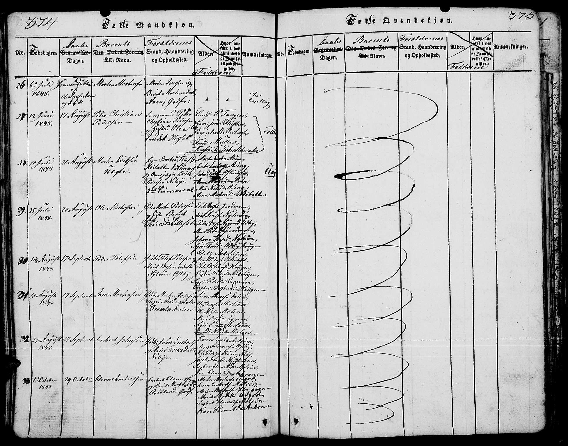 Tynset prestekontor, AV/SAH-PREST-058/H/Ha/Hab/L0001: Parish register (copy) no. 1, 1814-1859, p. 374-375