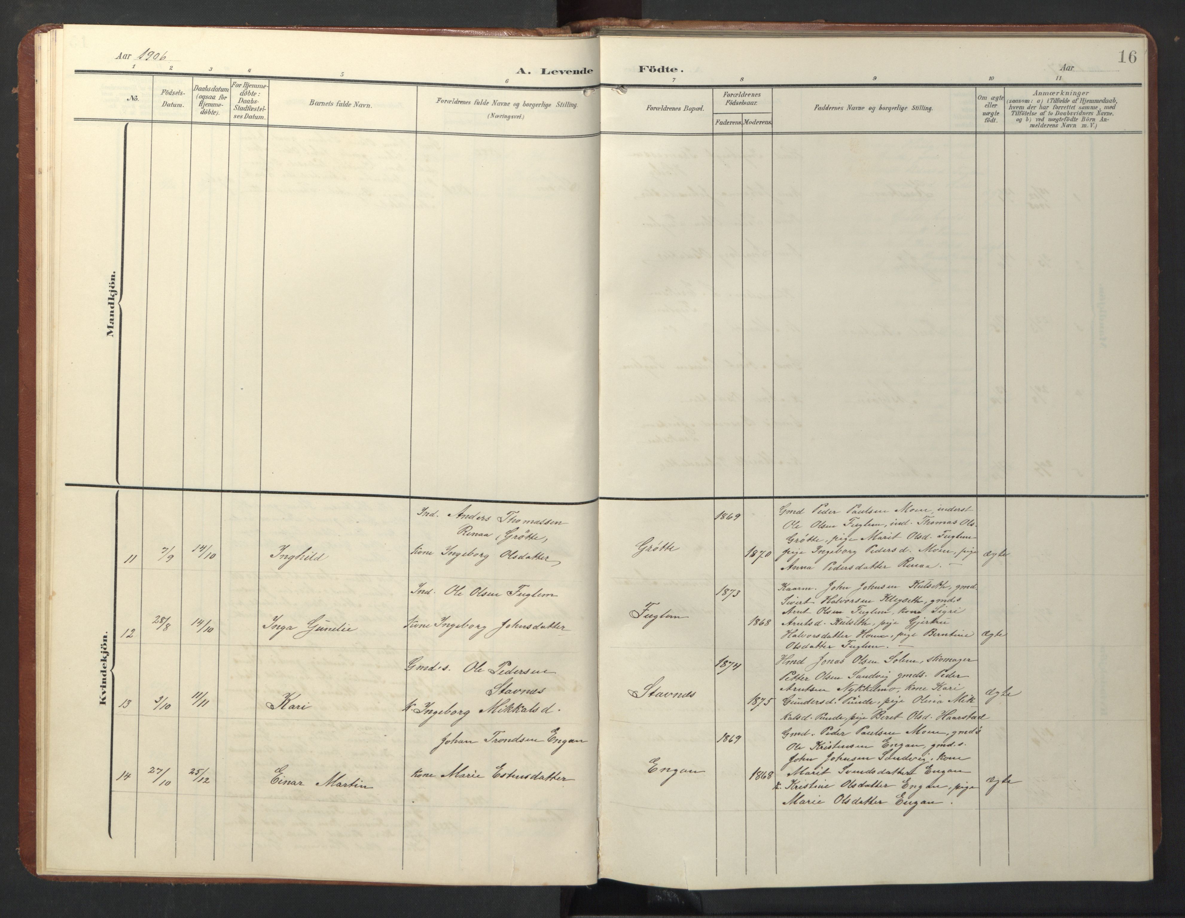Ministerialprotokoller, klokkerbøker og fødselsregistre - Sør-Trøndelag, SAT/A-1456/696/L1161: Parish register (copy) no. 696C01, 1902-1950, p. 16