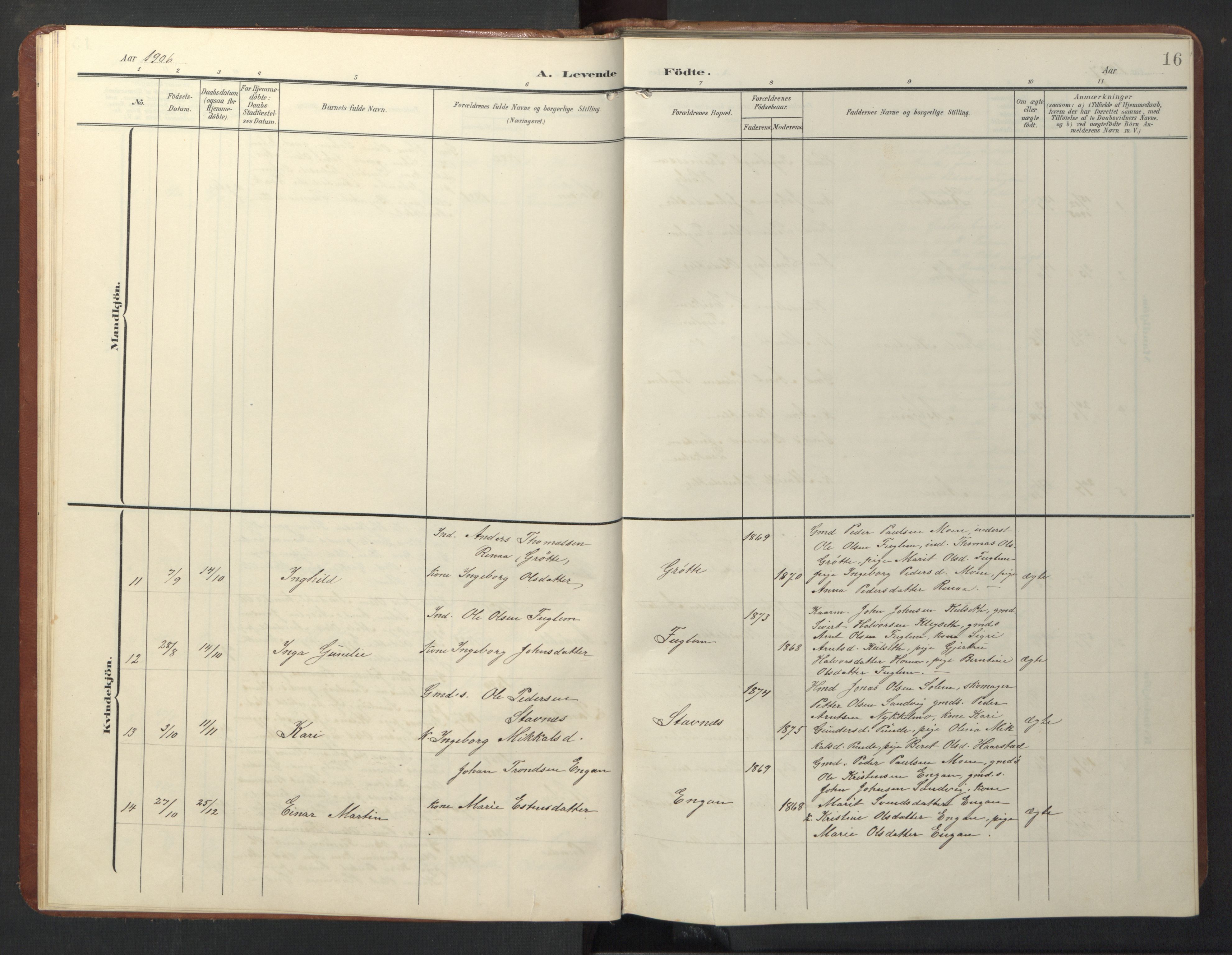 Ministerialprotokoller, klokkerbøker og fødselsregistre - Sør-Trøndelag, AV/SAT-A-1456/696/L1161: Parish register (copy) no. 696C01, 1902-1950, p. 16