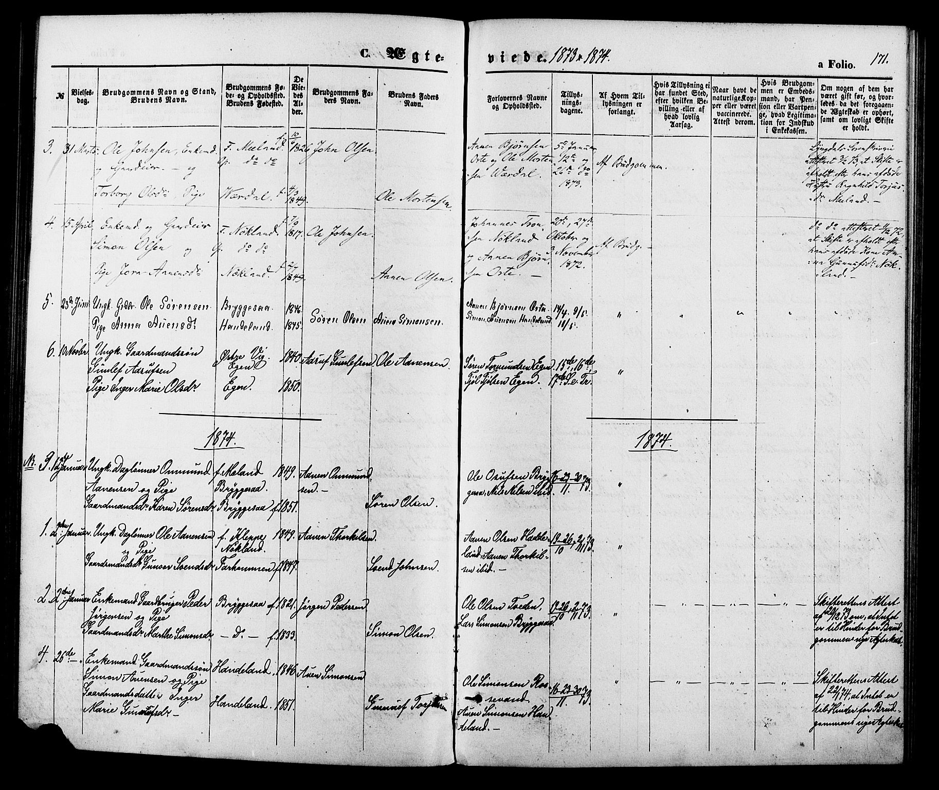 Hægebostad sokneprestkontor, AV/SAK-1111-0024/F/Fa/Fab/L0003: Parish register (official) no. A 3, 1872-1886, p. 171