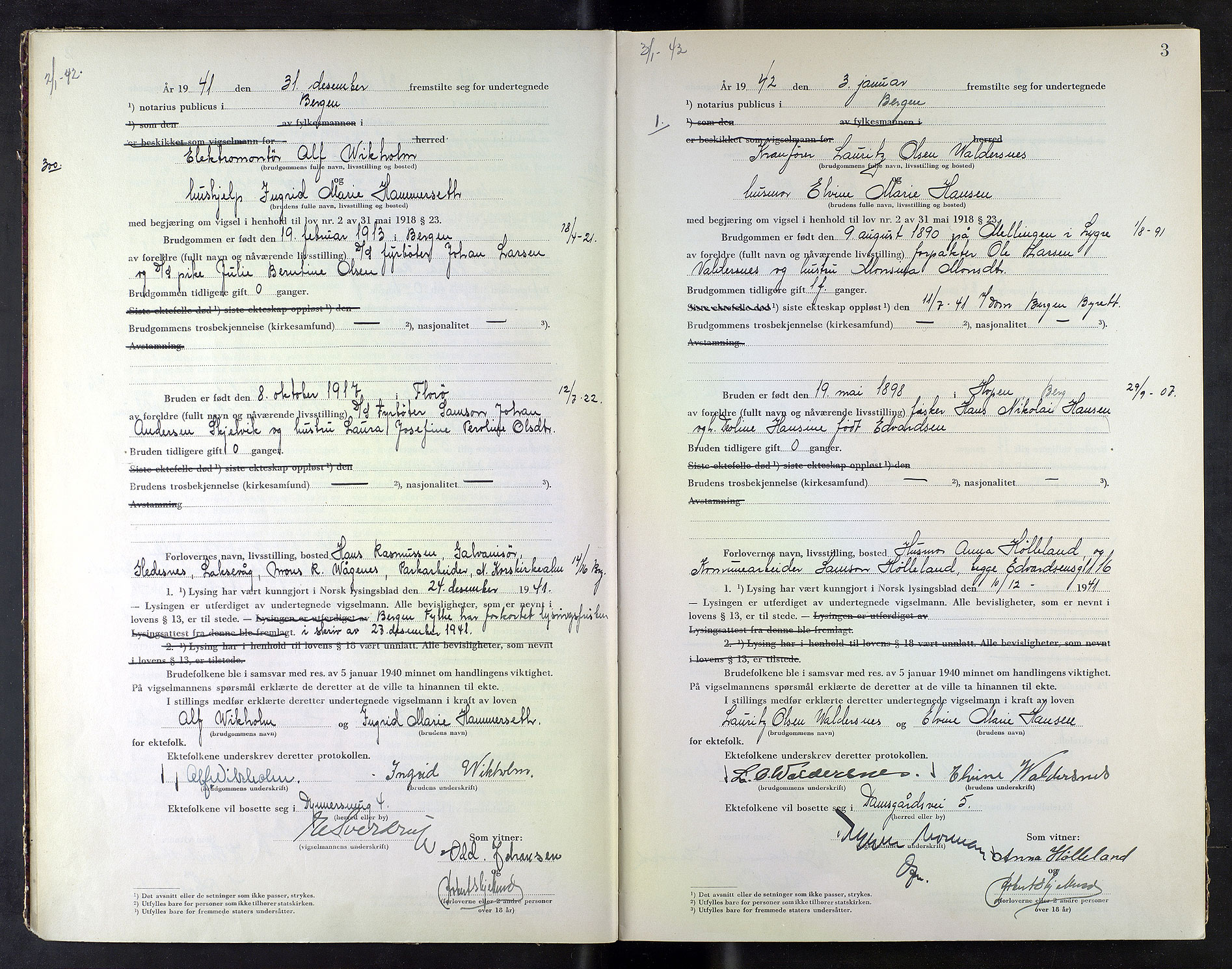 Byfogd og Byskriver i Bergen, AV/SAB-A-3401/10/10F/L0020: Vielsesprotokoller, 1941-1942, p. 3