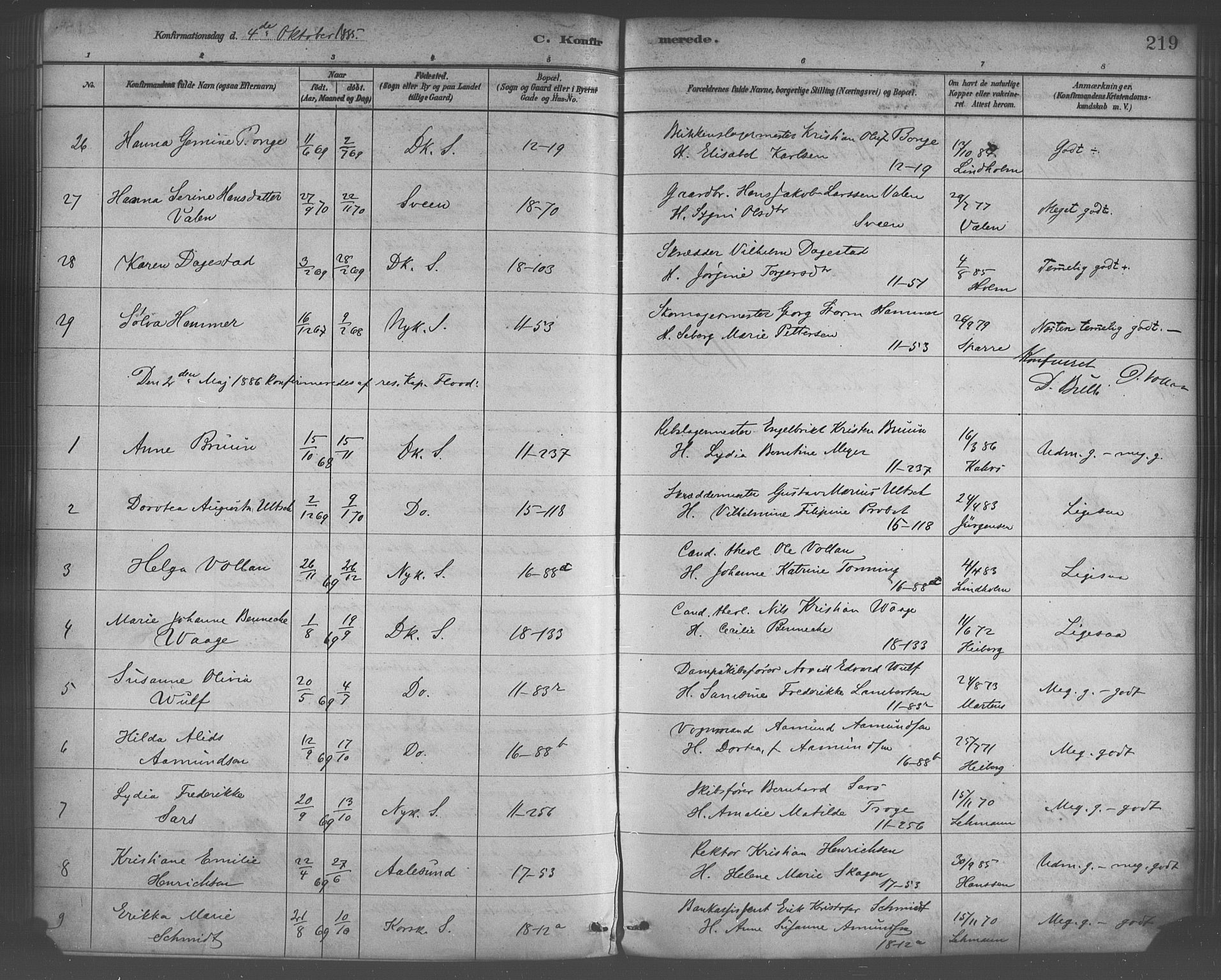 Domkirken sokneprestembete, SAB/A-74801/H/Haa/L0030: Parish register (official) no. C 5, 1880-1898, p. 219