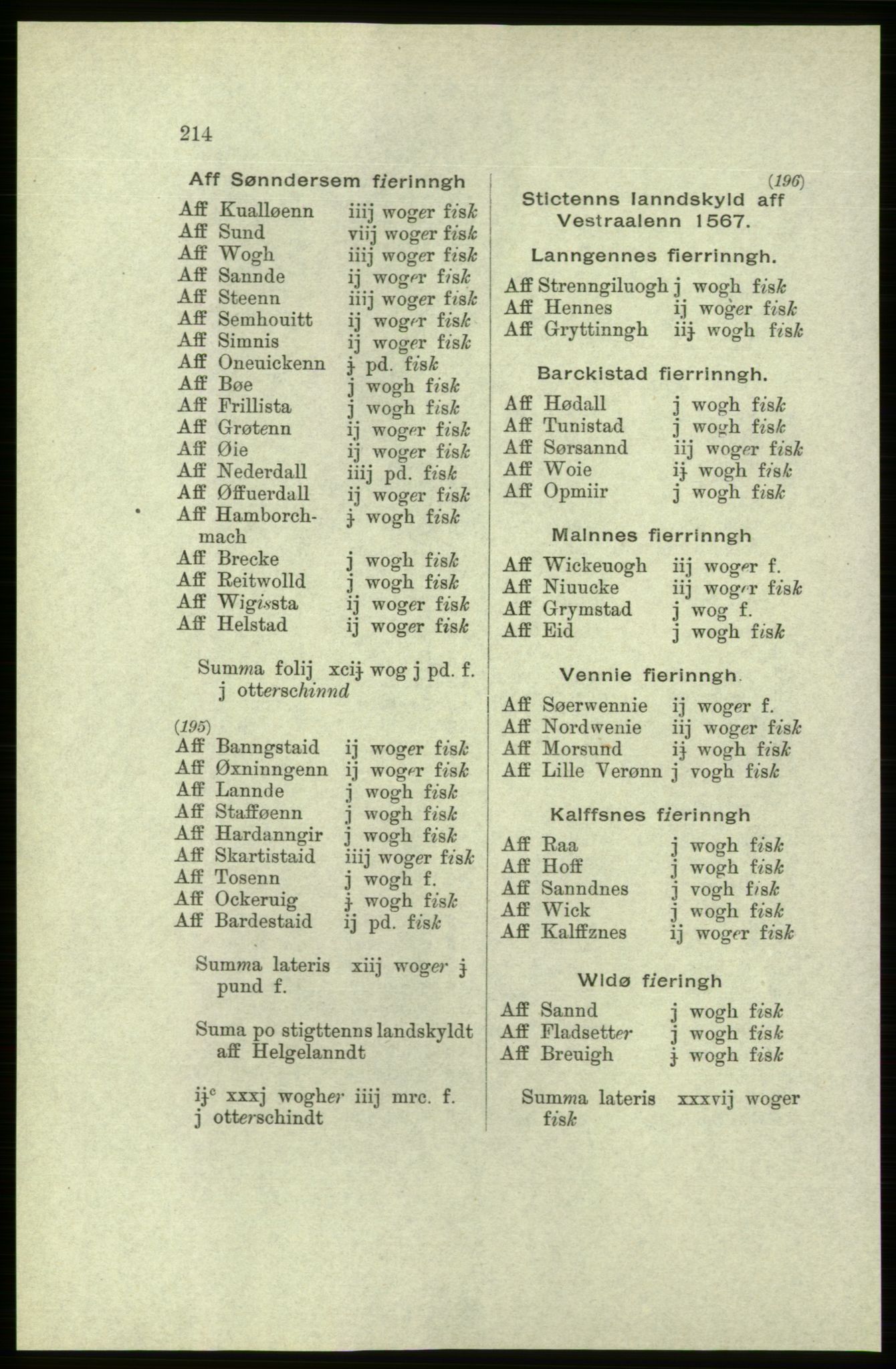 Publikasjoner utgitt av Arkivverket, PUBL/PUBL-001/C/0005: Bind 5: Rekneskap for Bergenhus len 1566-1567: B. Utgift C. Dei nordlandske lena og Finnmark D. Ekstrakt, 1566-1567, p. 214