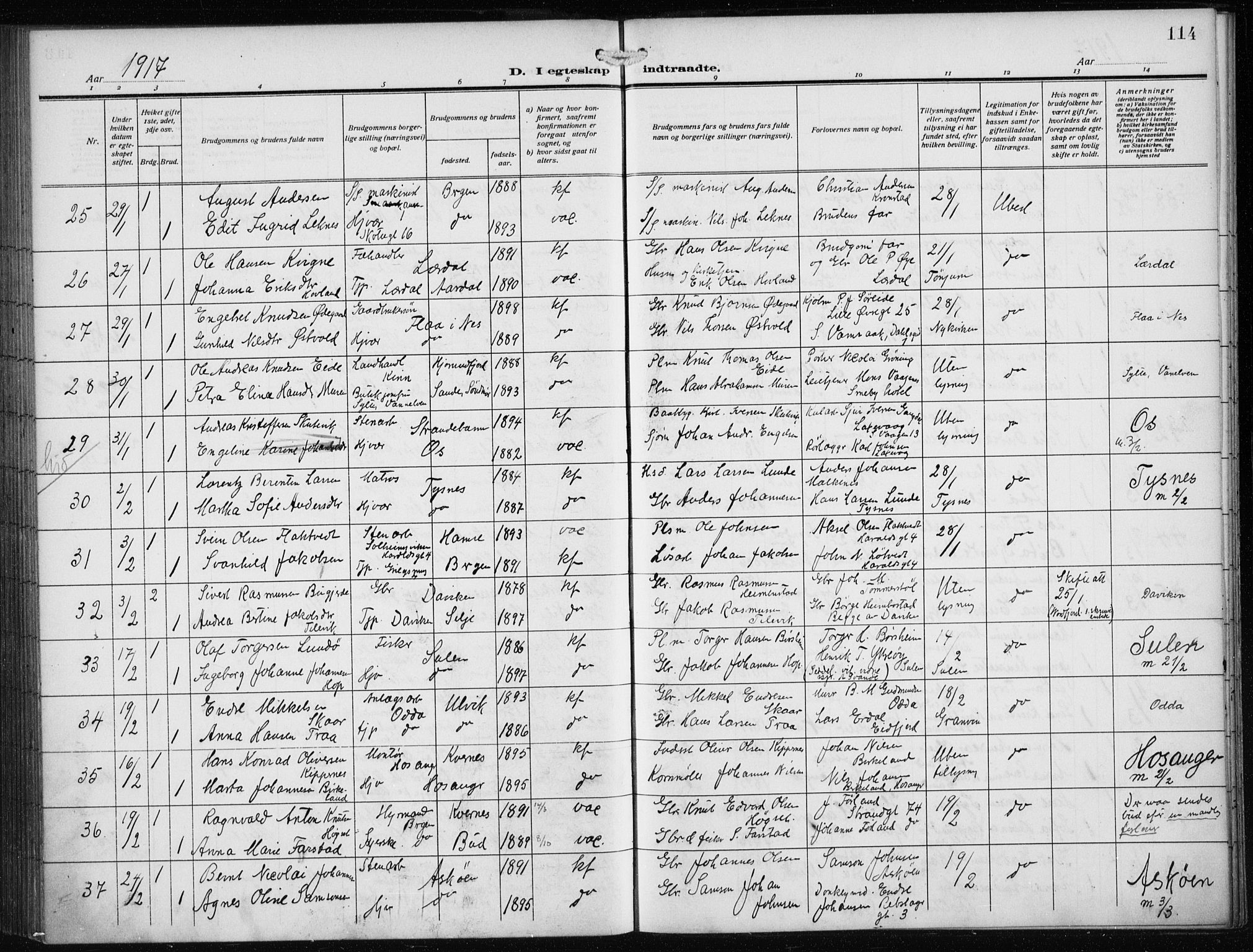 Nykirken Sokneprestembete, AV/SAB-A-77101/H/Haa/L0036: Parish register (official) no. D 6, 1913-1918, p. 114