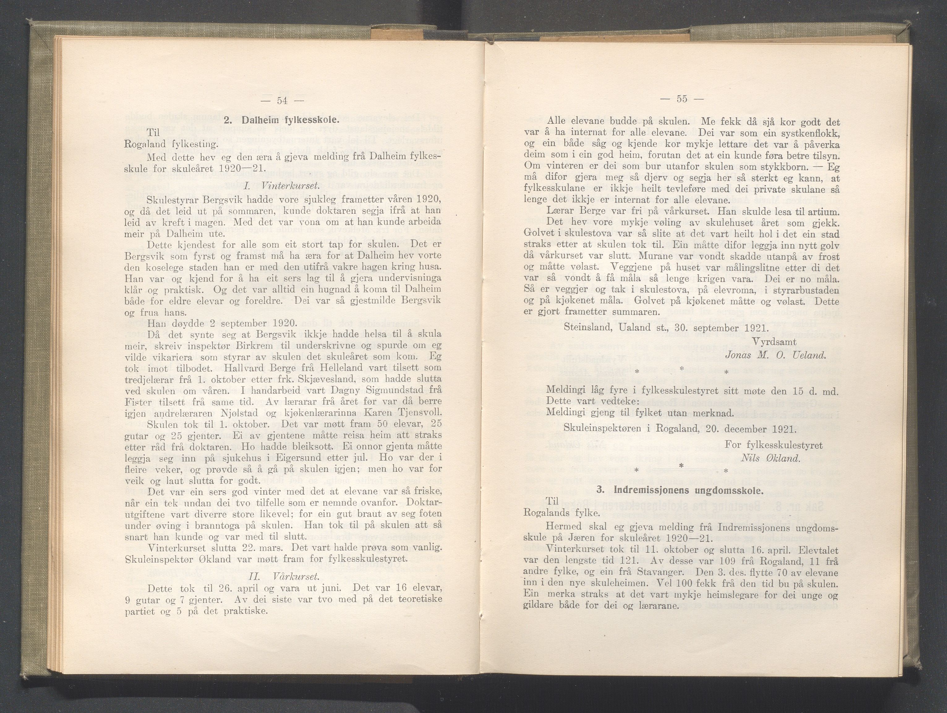 Rogaland fylkeskommune - Fylkesrådmannen , IKAR/A-900/A/Aa/Aaa/L0041: Møtebok , 1922, p. 54-55