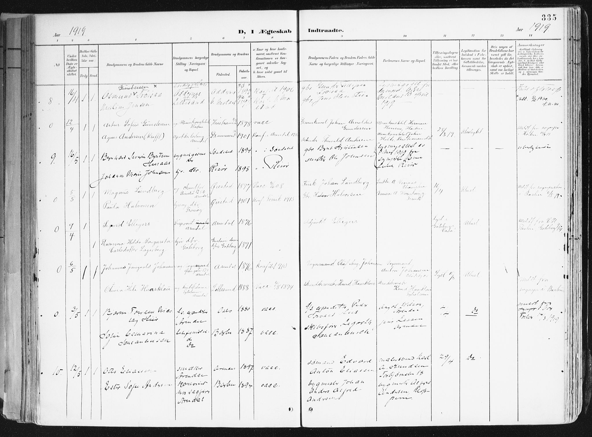 Arendal sokneprestkontor, Trefoldighet, AV/SAK-1111-0040/F/Fa/L0010: Parish register (official) no. A 10, 1900-1919, p. 335