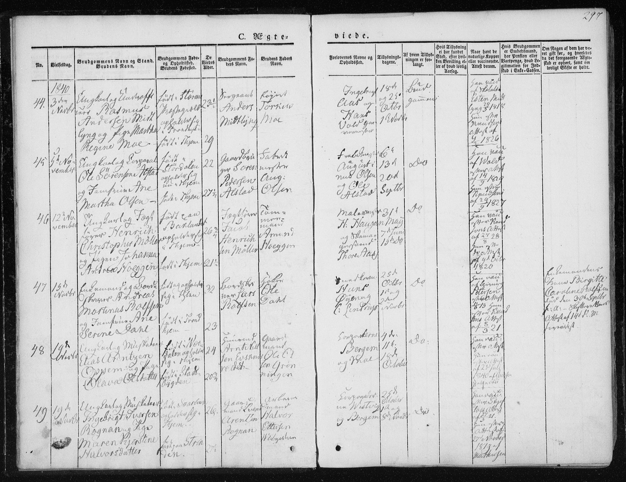 Ministerialprotokoller, klokkerbøker og fødselsregistre - Sør-Trøndelag, AV/SAT-A-1456/601/L0049: Parish register (official) no. 601A17, 1839-1847, p. 297