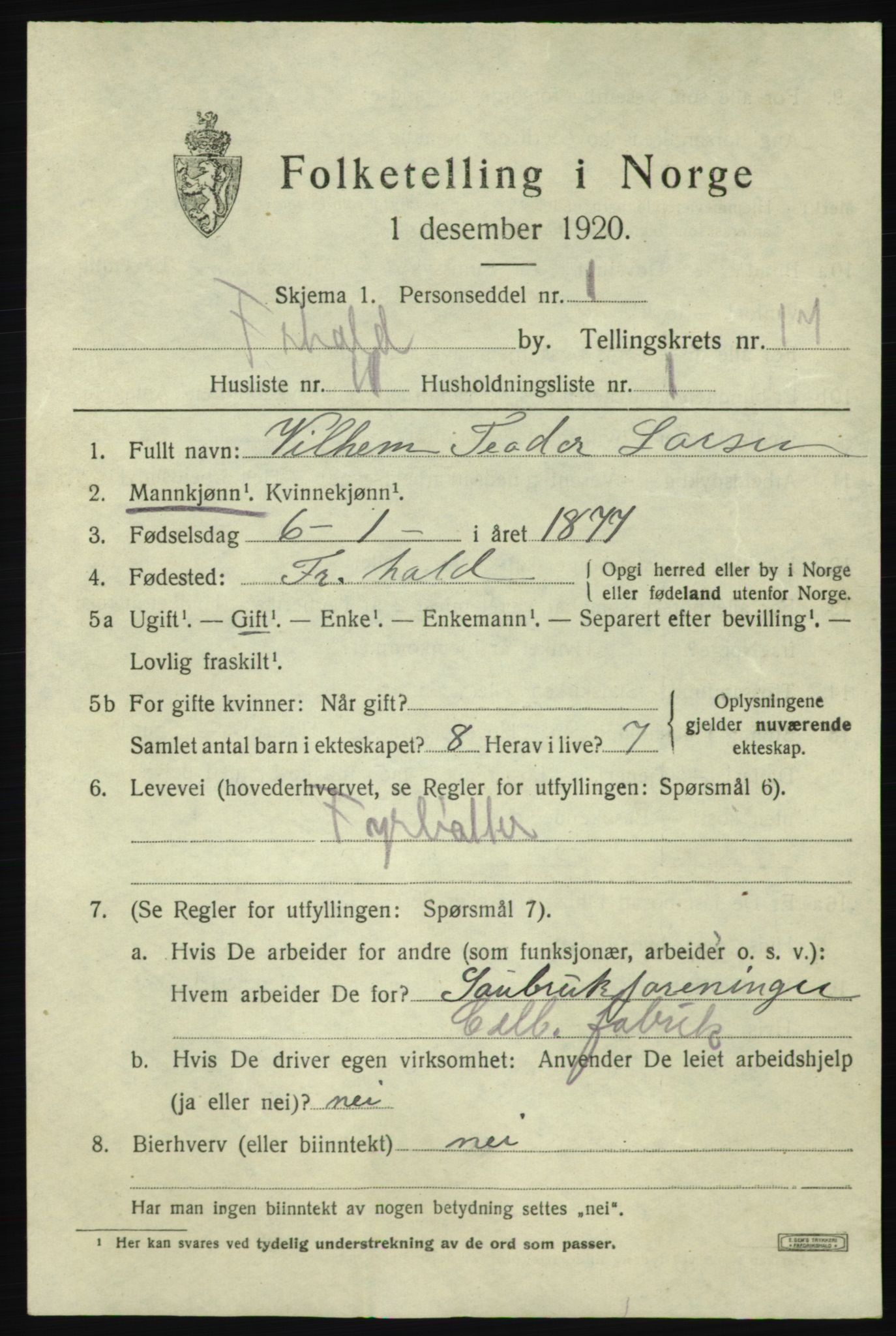 SAO, 1920 census for Fredrikshald, 1920, p. 25946