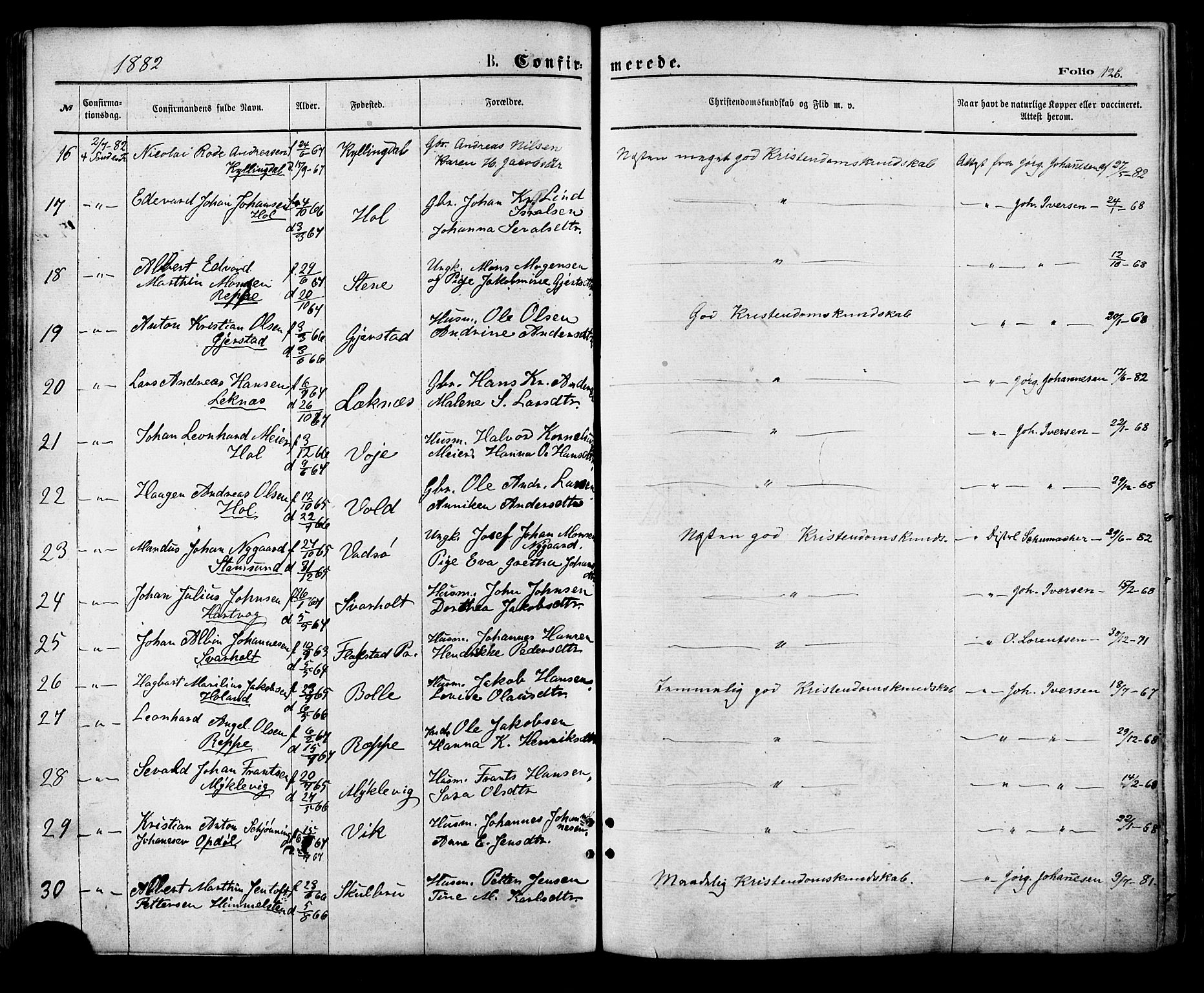 Ministerialprotokoller, klokkerbøker og fødselsregistre - Nordland, AV/SAT-A-1459/881/L1166: Parish register (copy) no. 881C03, 1876-1885, p. 126