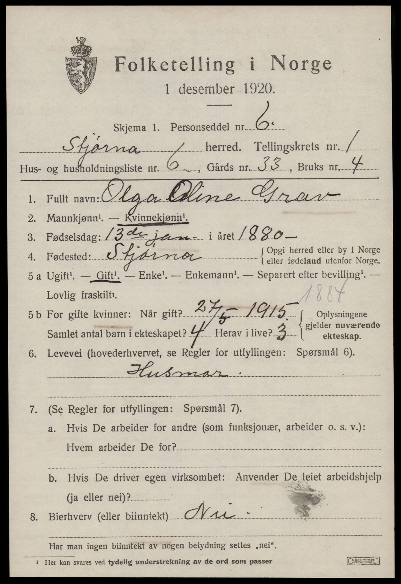 SAT, 1920 census for Stjørna, 1920, p. 1016