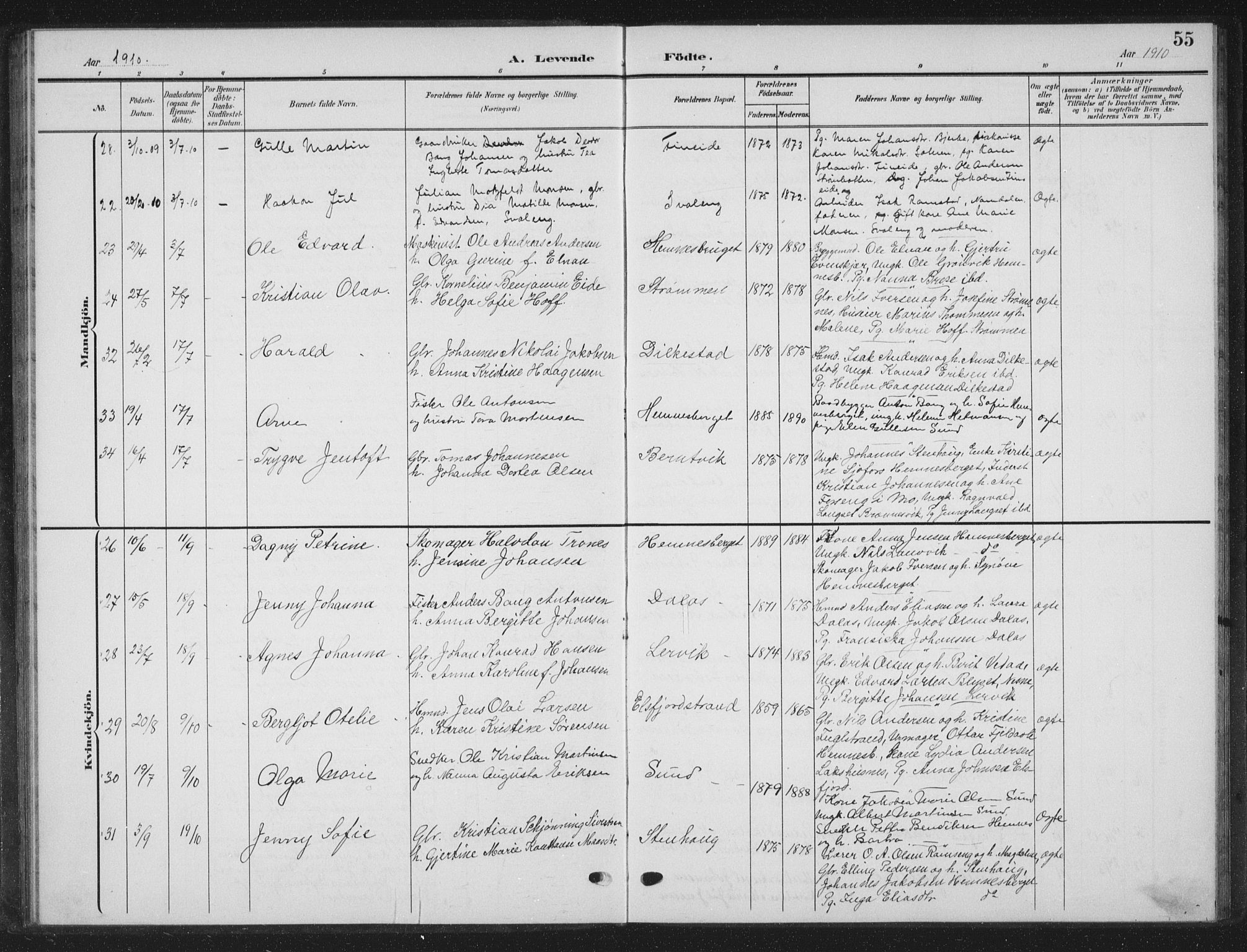 Ministerialprotokoller, klokkerbøker og fødselsregistre - Nordland, AV/SAT-A-1459/825/L0370: Parish register (copy) no. 825C07, 1903-1923, p. 55