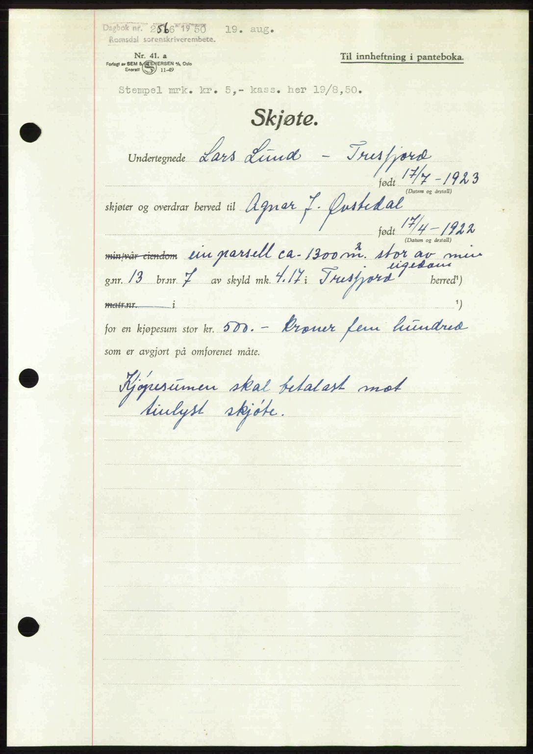 Romsdal sorenskriveri, AV/SAT-A-4149/1/2/2C: Mortgage book no. A34, 1950-1950, Diary no: : 2566/1950