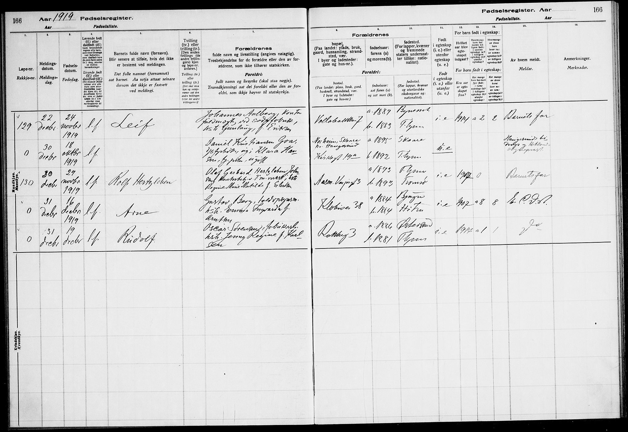 Ministerialprotokoller, klokkerbøker og fødselsregistre - Sør-Trøndelag, AV/SAT-A-1456/604/L0232: Birth register no. 604.II.4.1, 1916-1920, p. 166