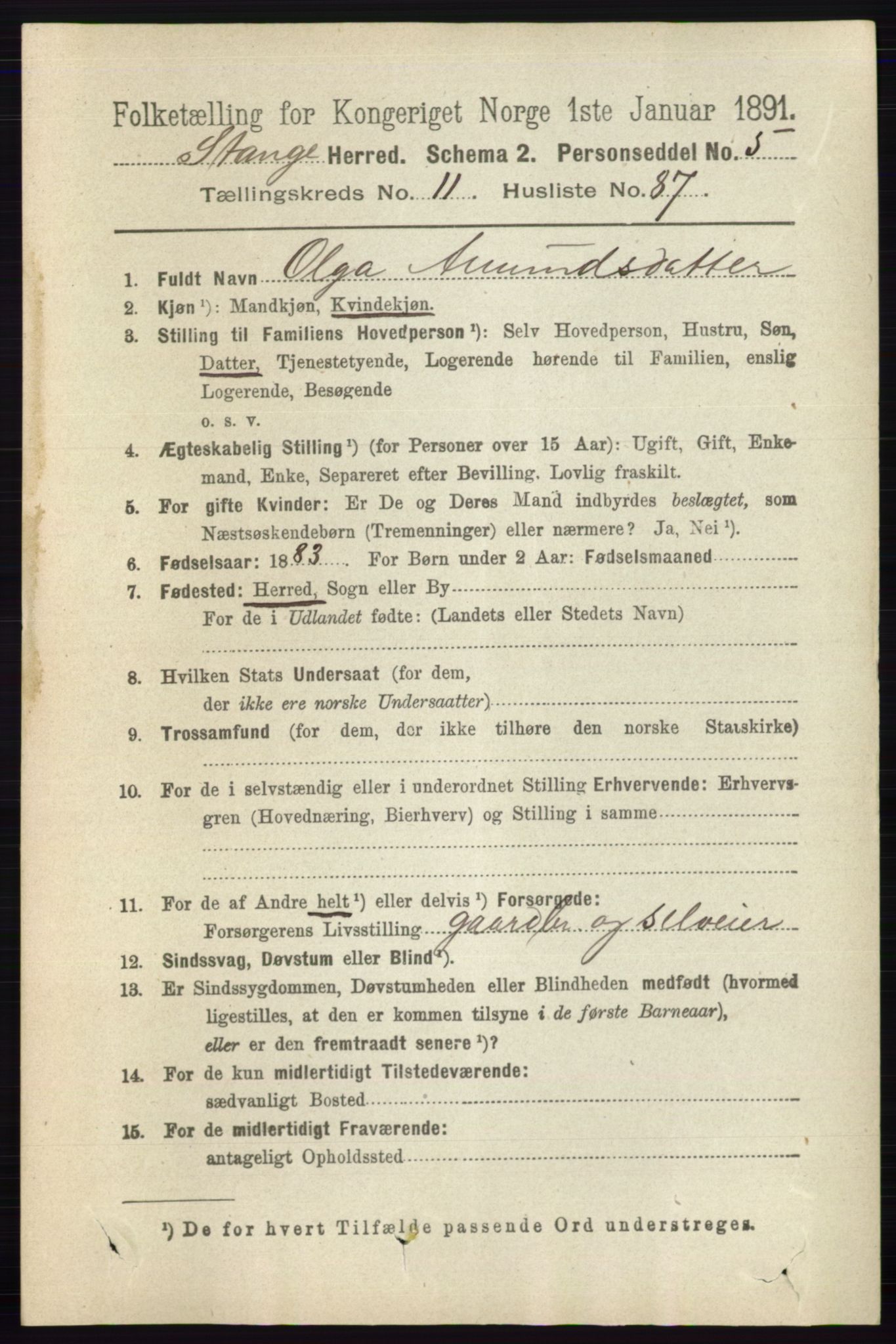 RA, 1891 census for 0417 Stange, 1891, p. 7943