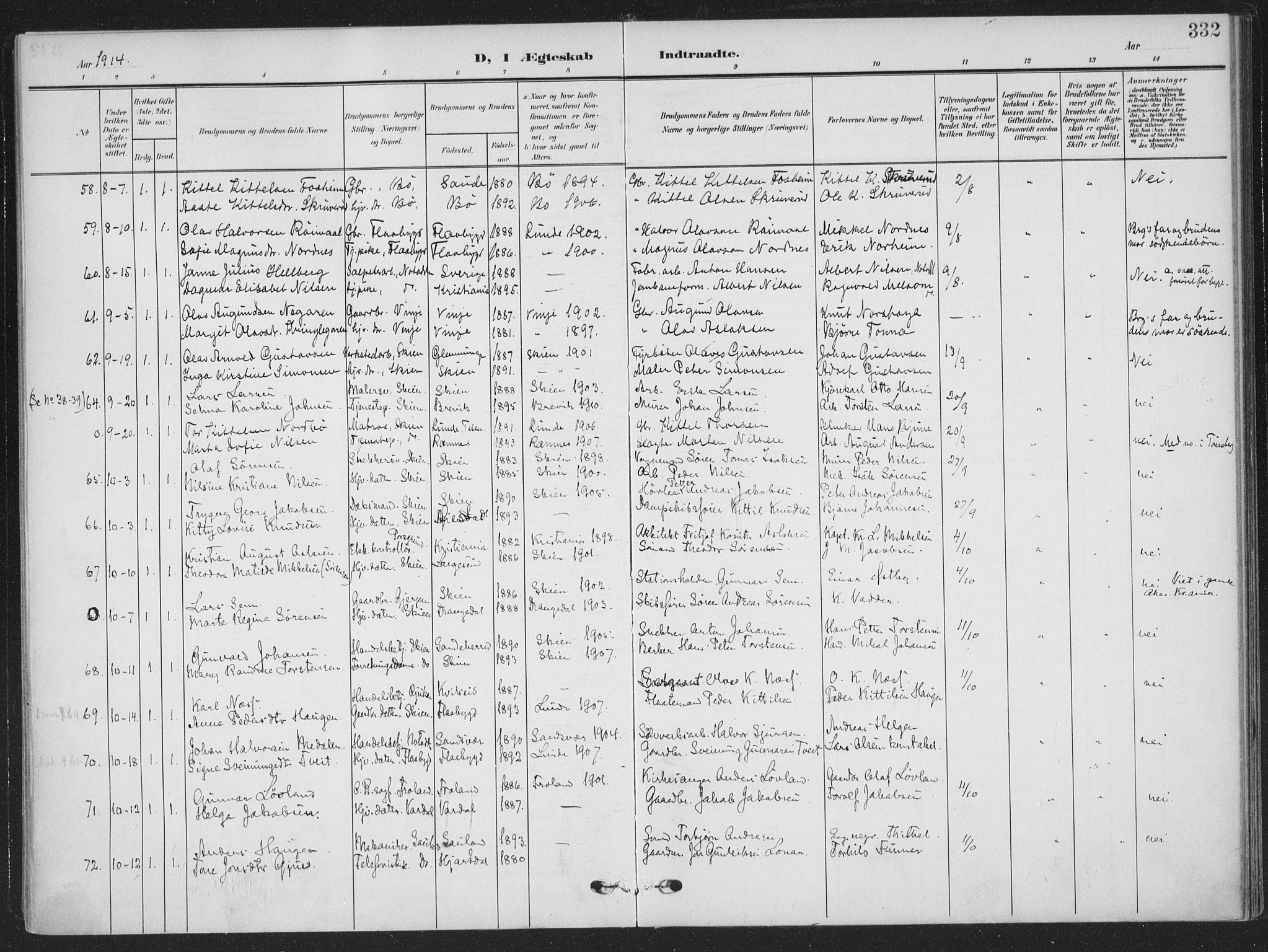 Skien kirkebøker, AV/SAKO-A-302/F/Fa/L0012: Parish register (official) no. 12, 1908-1914, p. 332