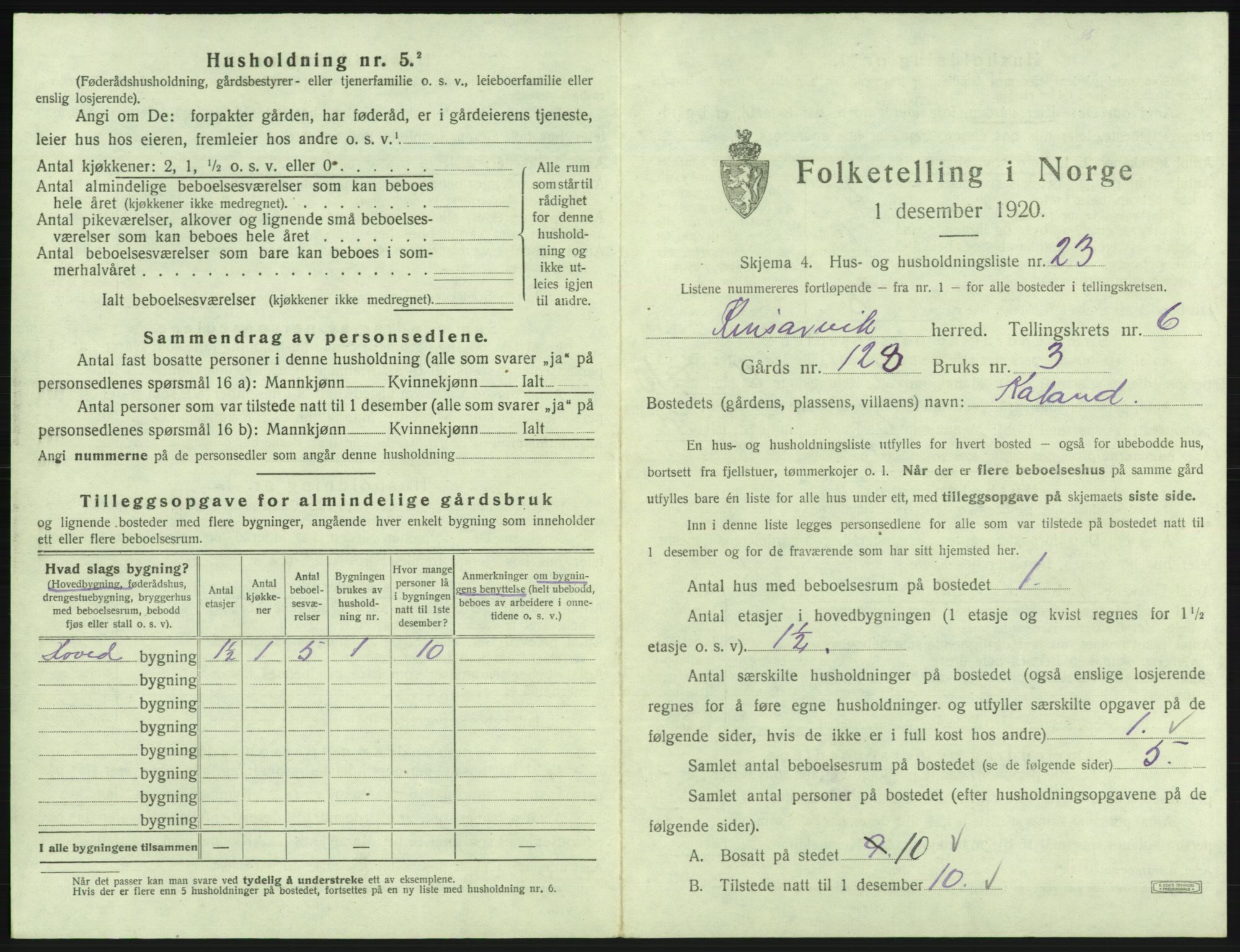 SAB, 1920 census for Kinsarvik, 1920, p. 452