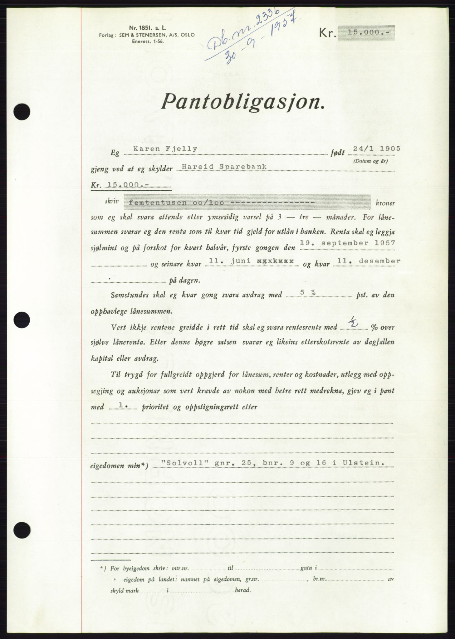 Søre Sunnmøre sorenskriveri, AV/SAT-A-4122/1/2/2C/L0130: Mortgage book no. 18B, 1957-1958, Diary no: : 2336/1957