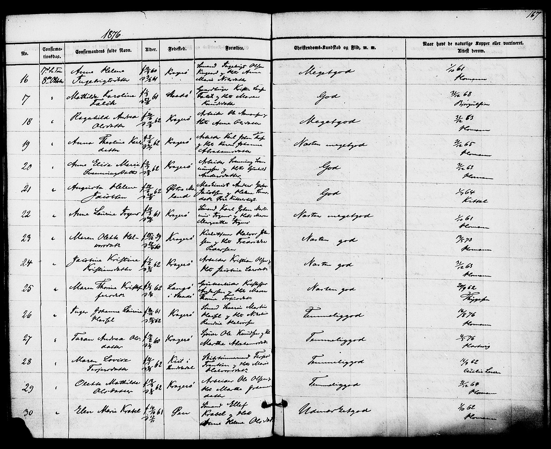 Kragerø kirkebøker, AV/SAKO-A-278/F/Fa/L0008: Parish register (official) no. 8, 1856-1880, p. 167