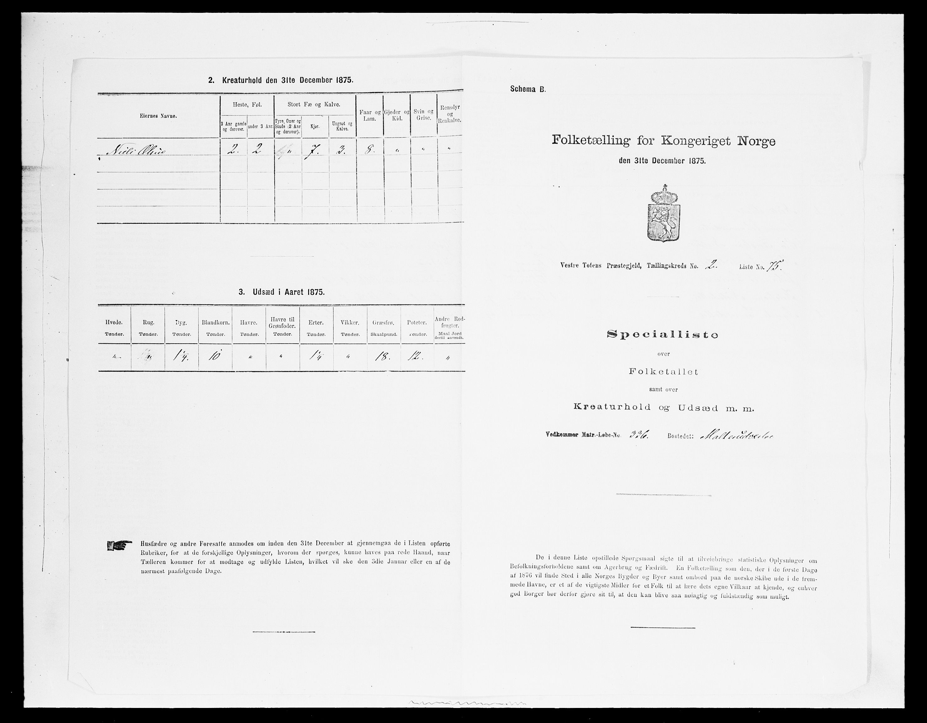 SAH, 1875 census for 0529P Vestre Toten, 1875, p. 578