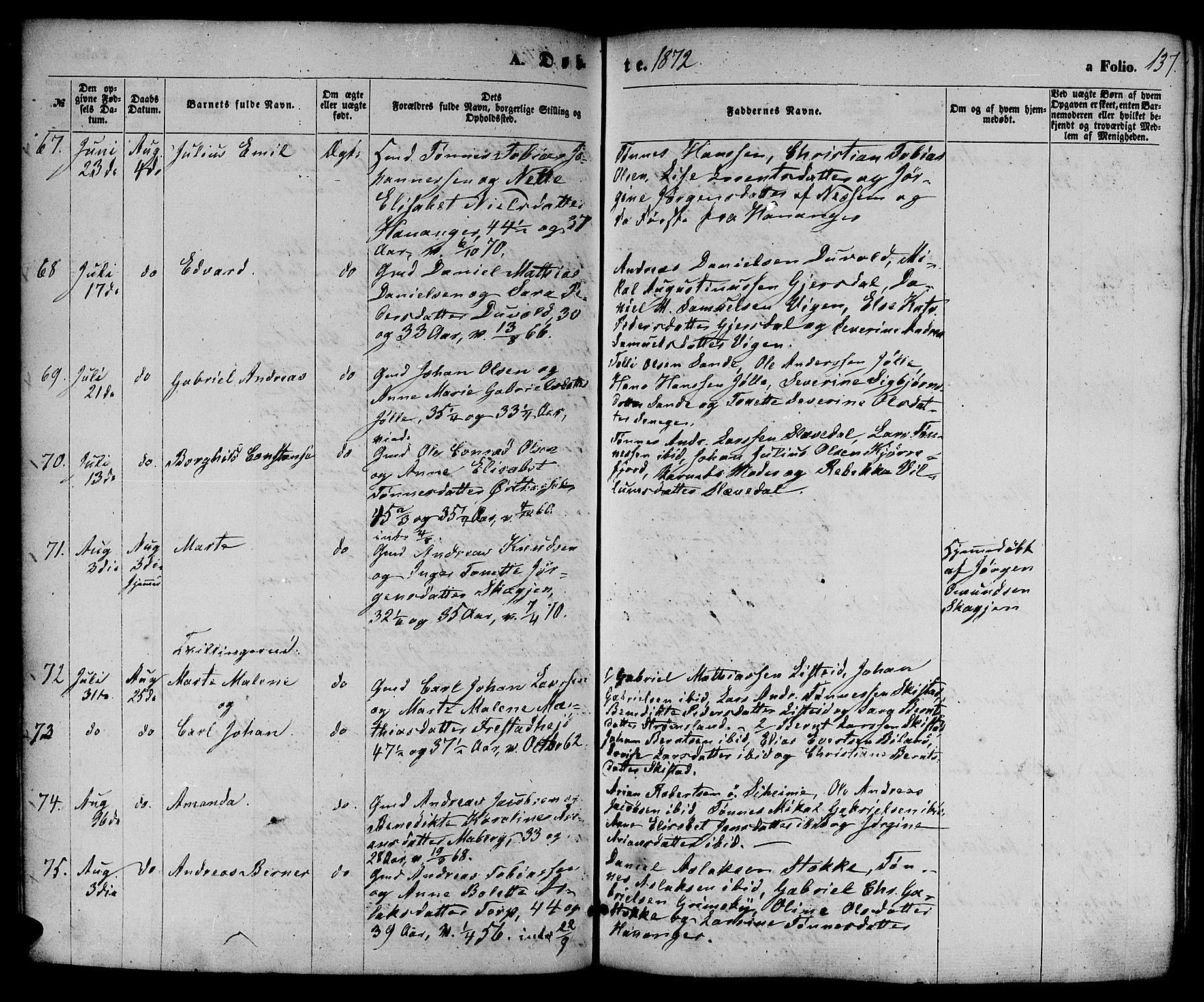 Lista sokneprestkontor, AV/SAK-1111-0027/F/Fb/L0003: Parish register (copy) no. B 3, 1862-1877, p. 137