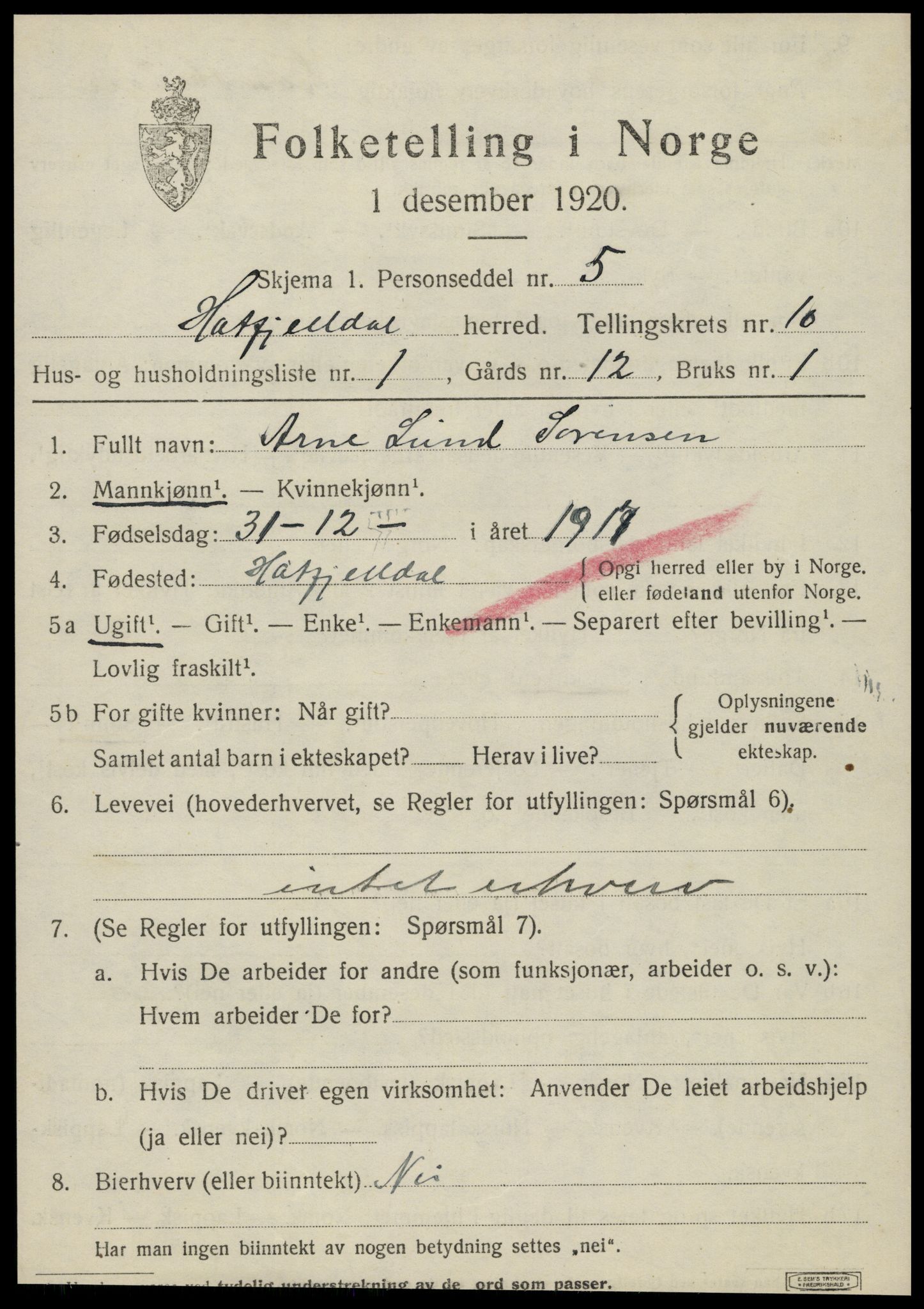 SAT, 1920 census for Hattfjelldal, 1920, p. 2288