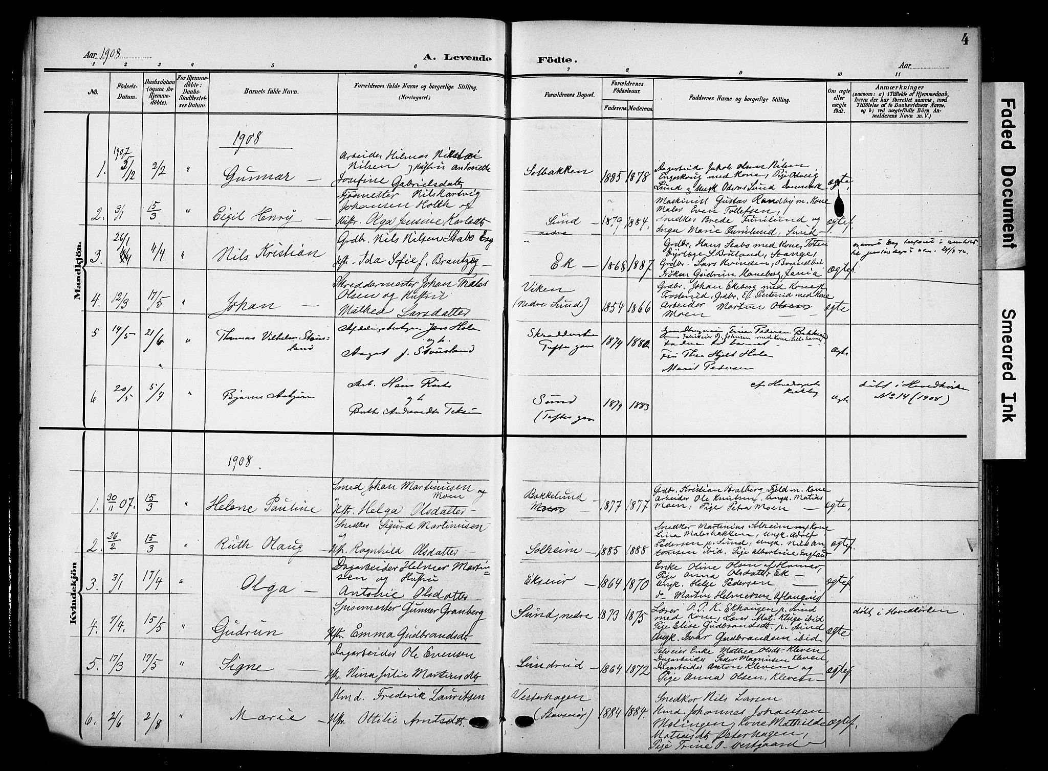 Nes prestekontor, Hedmark, AV/SAH-PREST-020/K/Ka/L0012: Parish register (official) no. 12, 1906-1920, p. 4