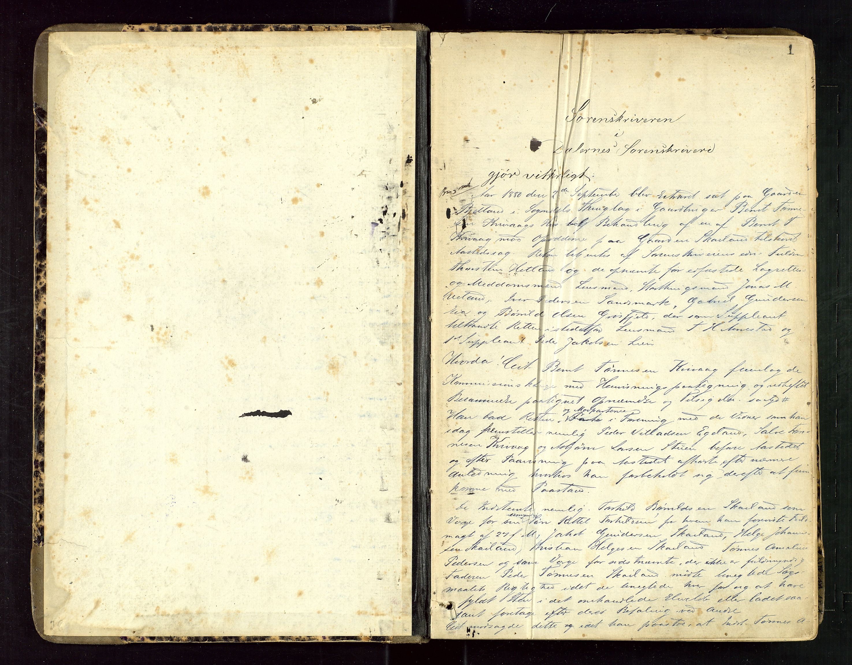 Dalane sorenskriveri, SAST/A-100309/001/3/30/30BB/L0004: EKSTRARETTSPROTOKOLL, 1880-1884, p. 1