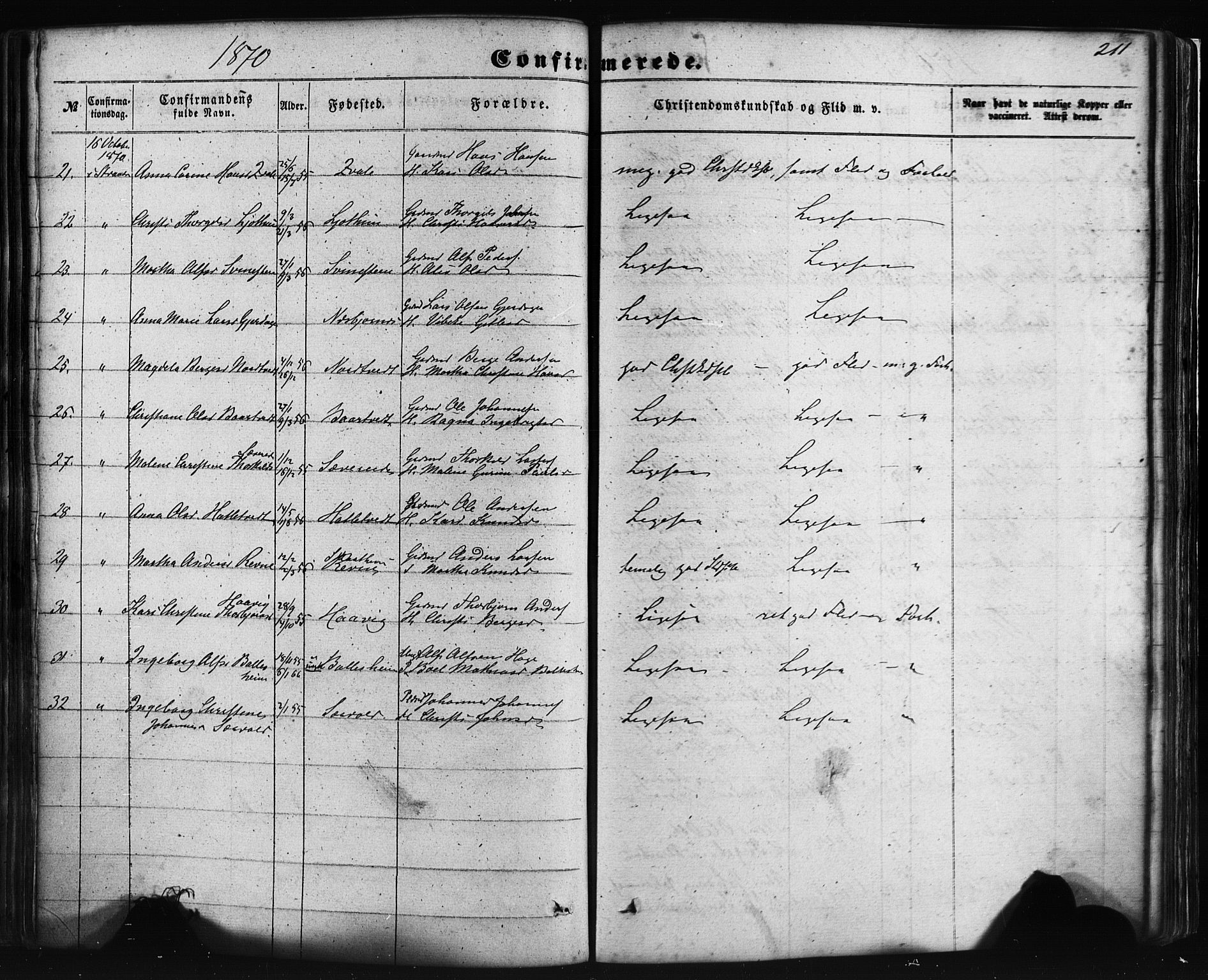 Fusa sokneprestembete, AV/SAB-A-75401/H/Haa: Parish register (official) no. A 1I, 1855-1879, p. 211