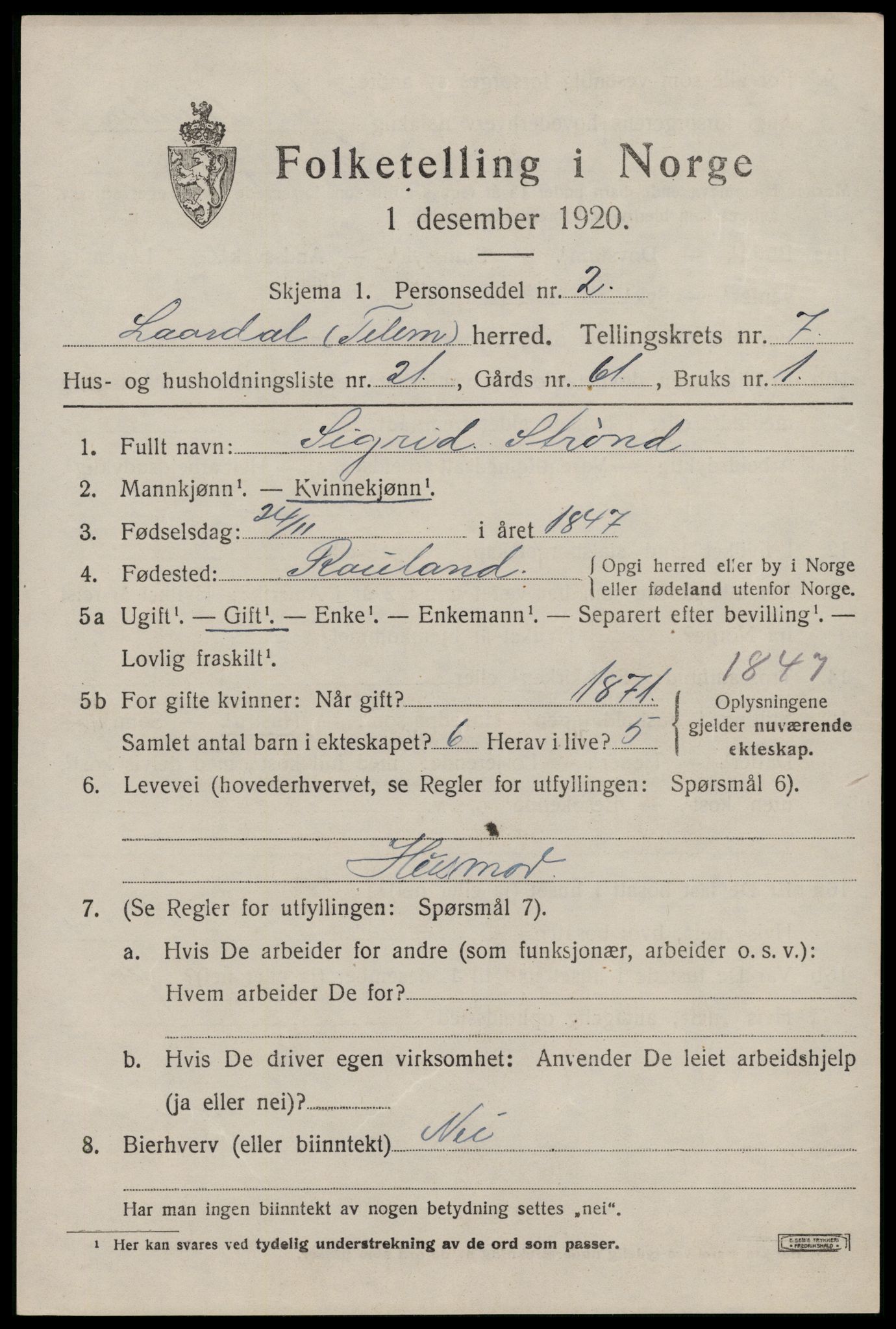 SAKO, 1920 census for Lårdal, 1920, p. 2893