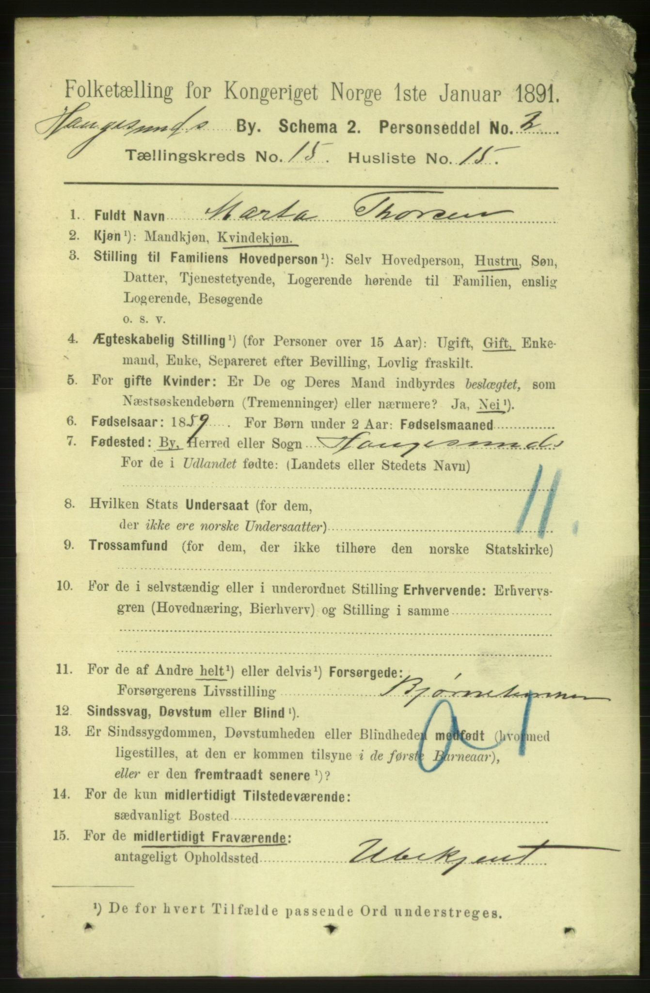 RA, 1891 census for 1106 Haugesund, 1891, p. 5052