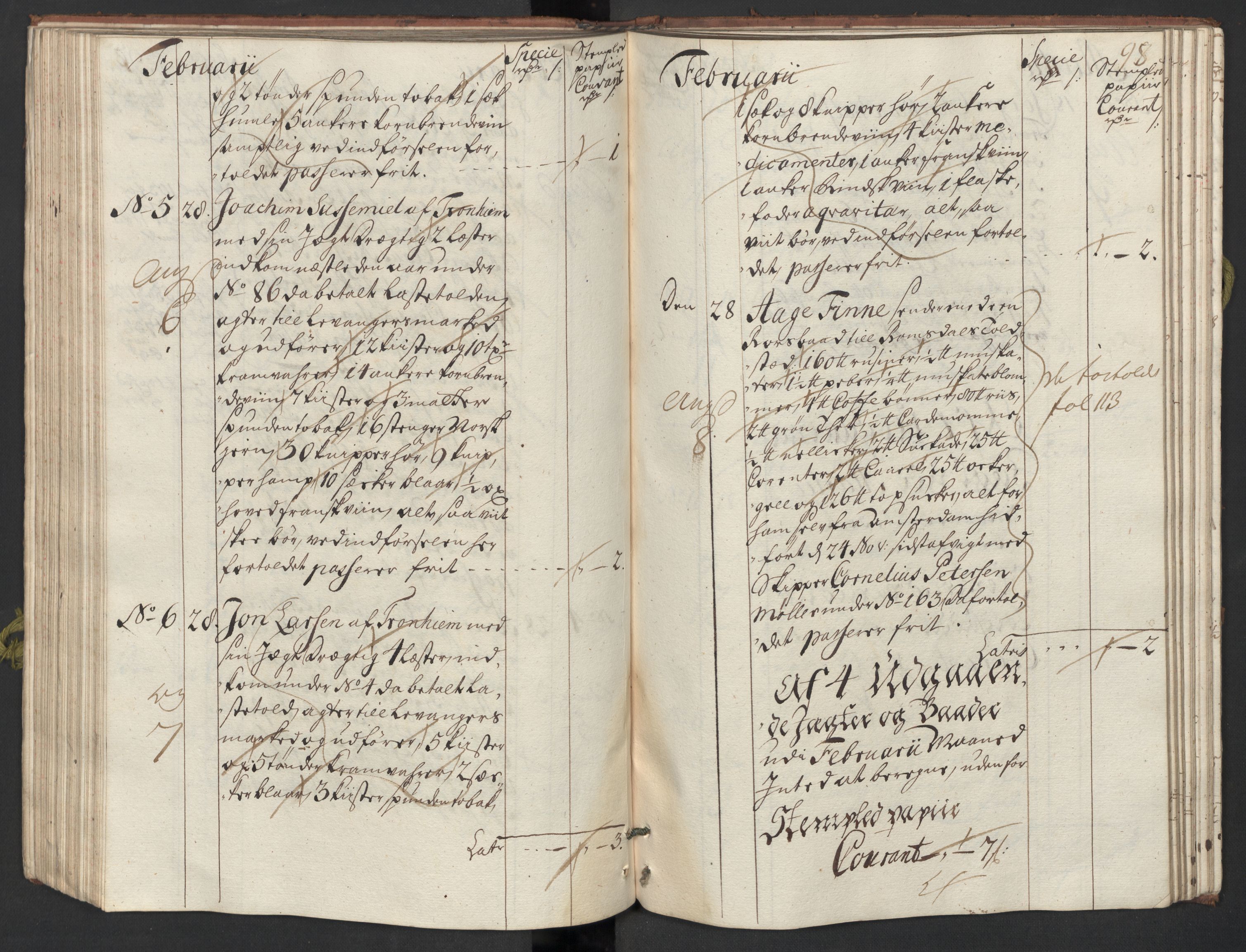 Generaltollkammeret, tollregnskaper, AV/RA-EA-5490/R33/L0015/0002: Tollregnskaper Trondheim A / Utgående tollbok, 1733, p. 97b-98a