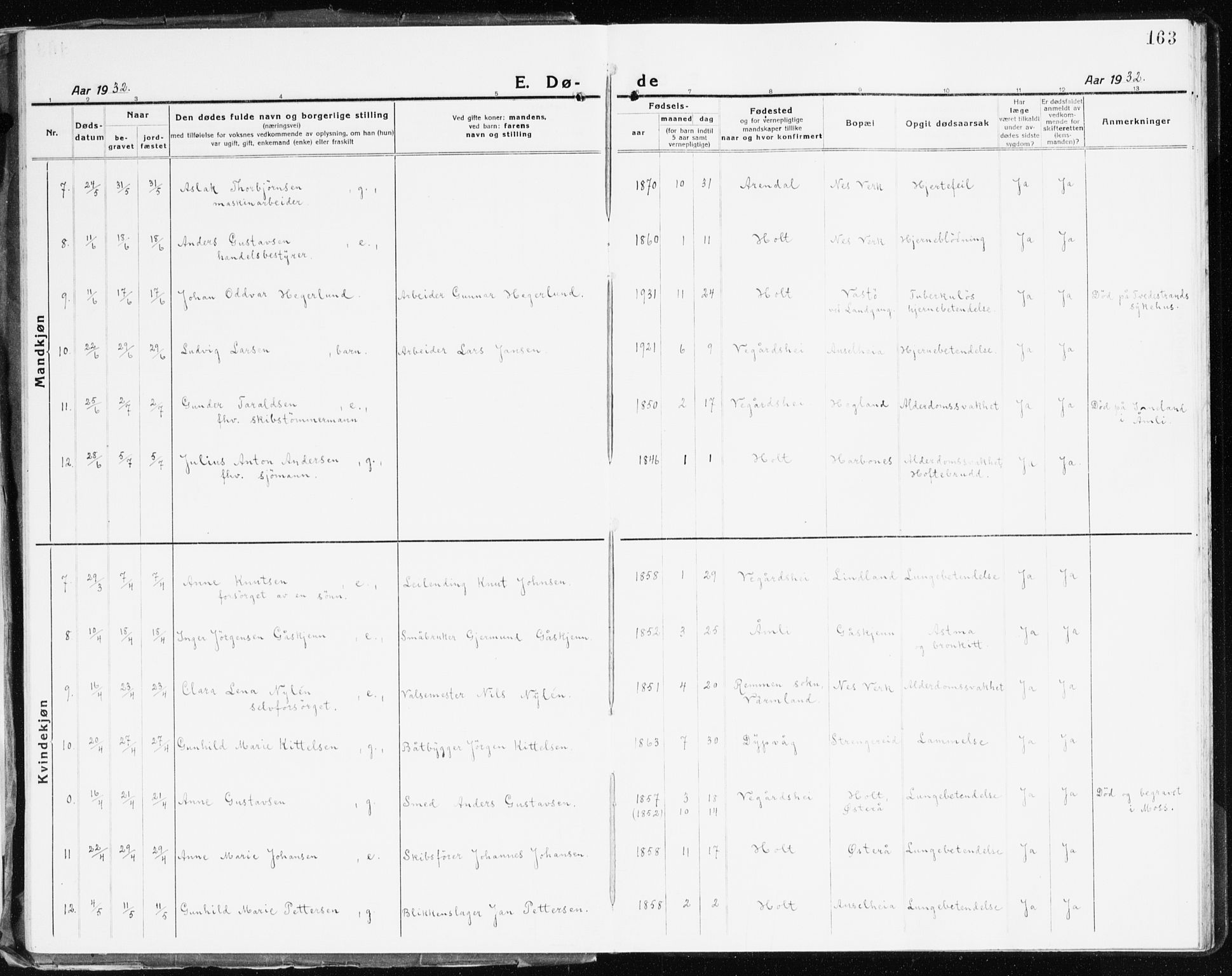 Holt sokneprestkontor, AV/SAK-1111-0021/F/Fb/L0012: Parish register (copy) no. B 12, 1919-1944, p. 163