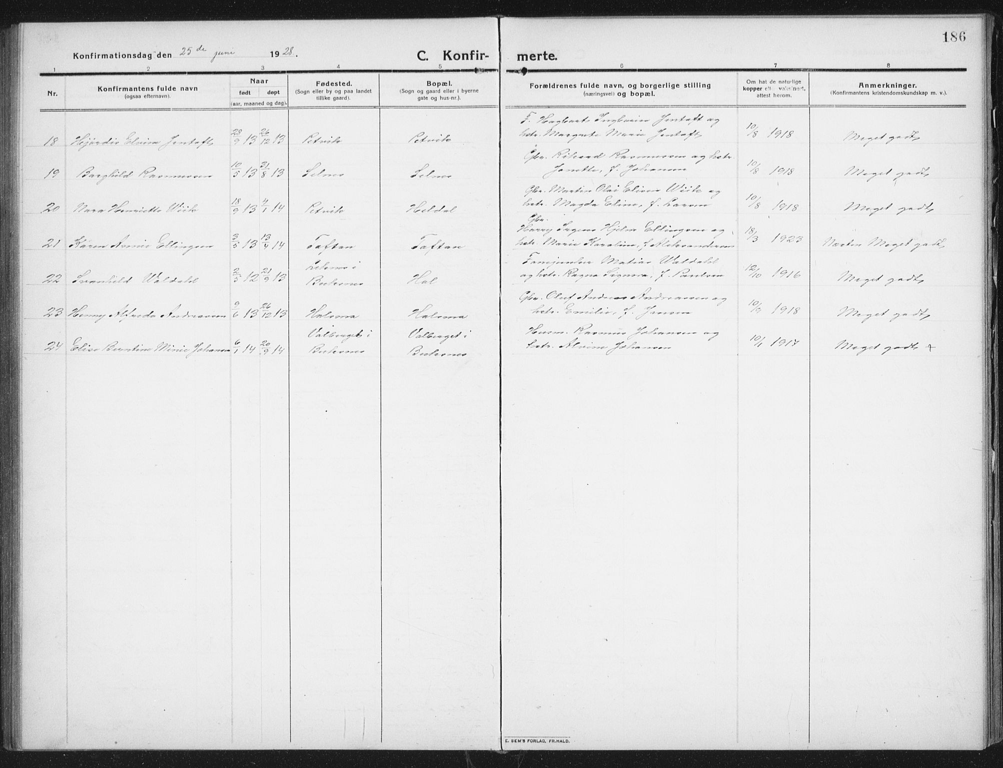 Ministerialprotokoller, klokkerbøker og fødselsregistre - Nordland, SAT/A-1459/882/L1183: Parish register (copy) no. 882C01, 1911-1938, p. 186