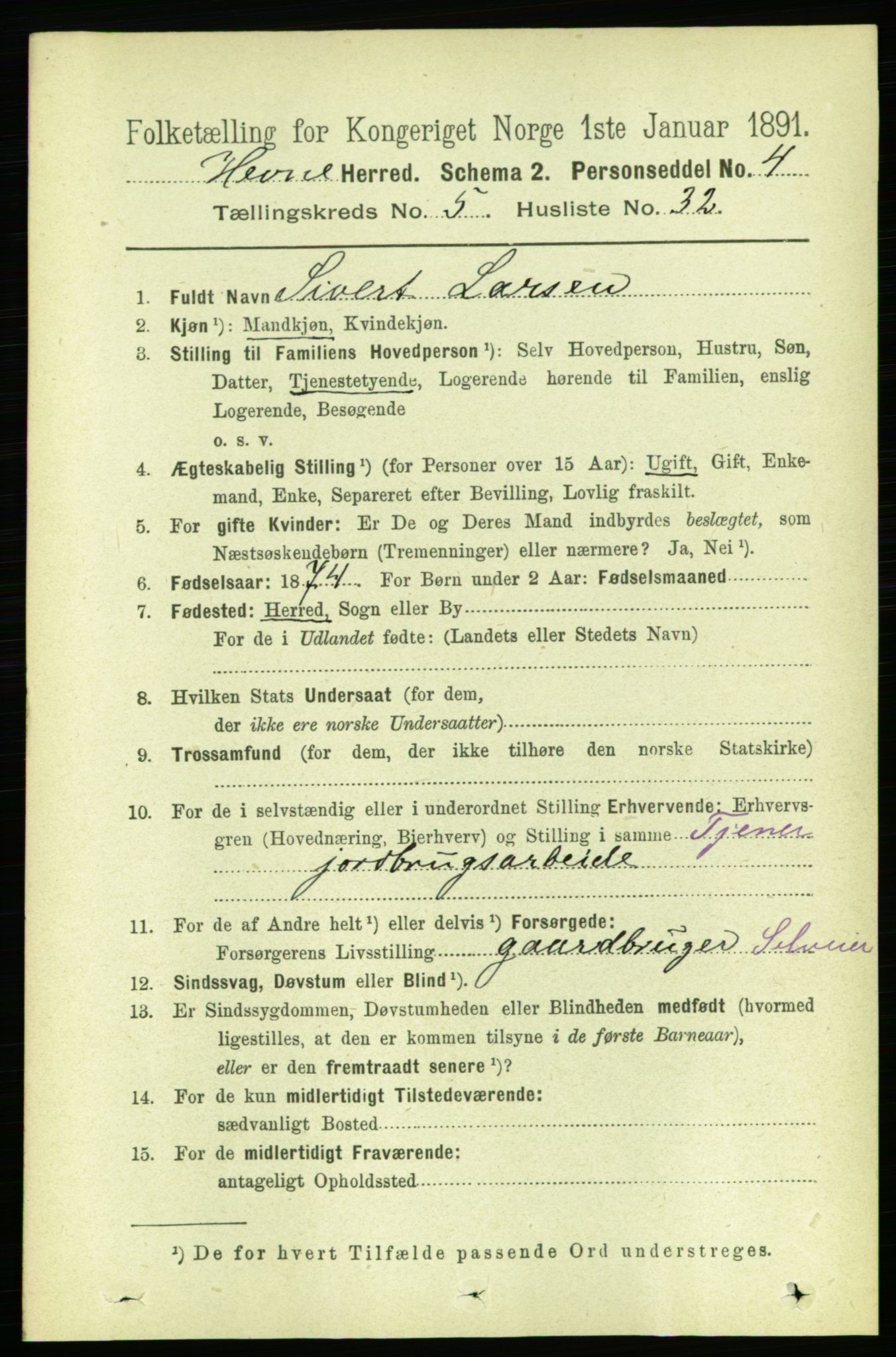 RA, 1891 census for 1612 Hemne, 1891, p. 2670