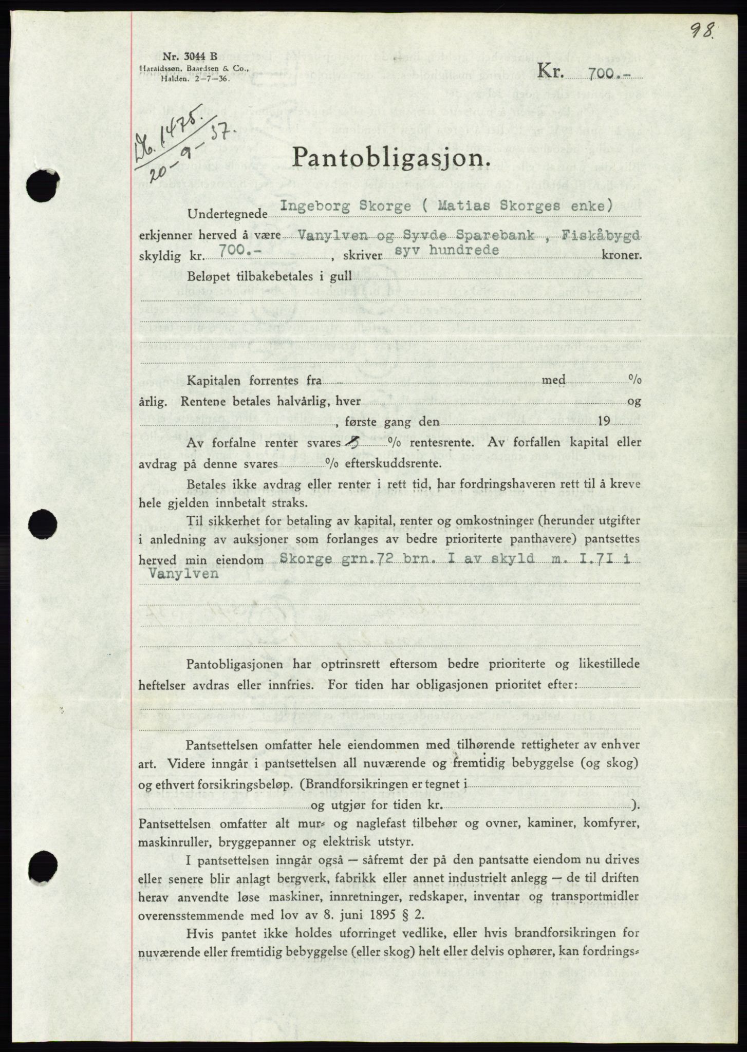 Søre Sunnmøre sorenskriveri, AV/SAT-A-4122/1/2/2C/L0064: Mortgage book no. 58, 1937-1938, Diary no: : 1475/1937