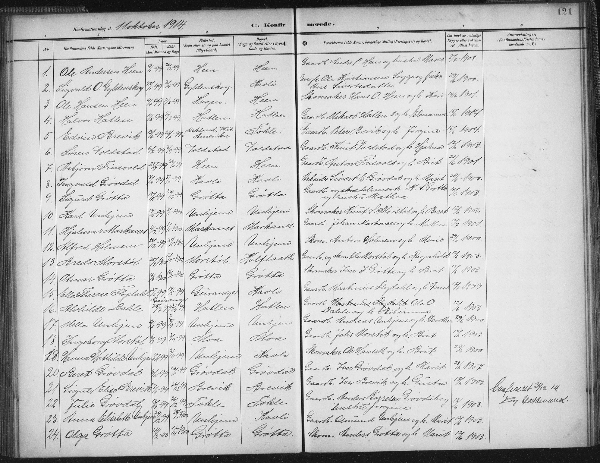 Ministerialprotokoller, klokkerbøker og fødselsregistre - Møre og Romsdal, AV/SAT-A-1454/545/L0589: Parish register (copy) no. 545C03, 1902-1937, p. 121