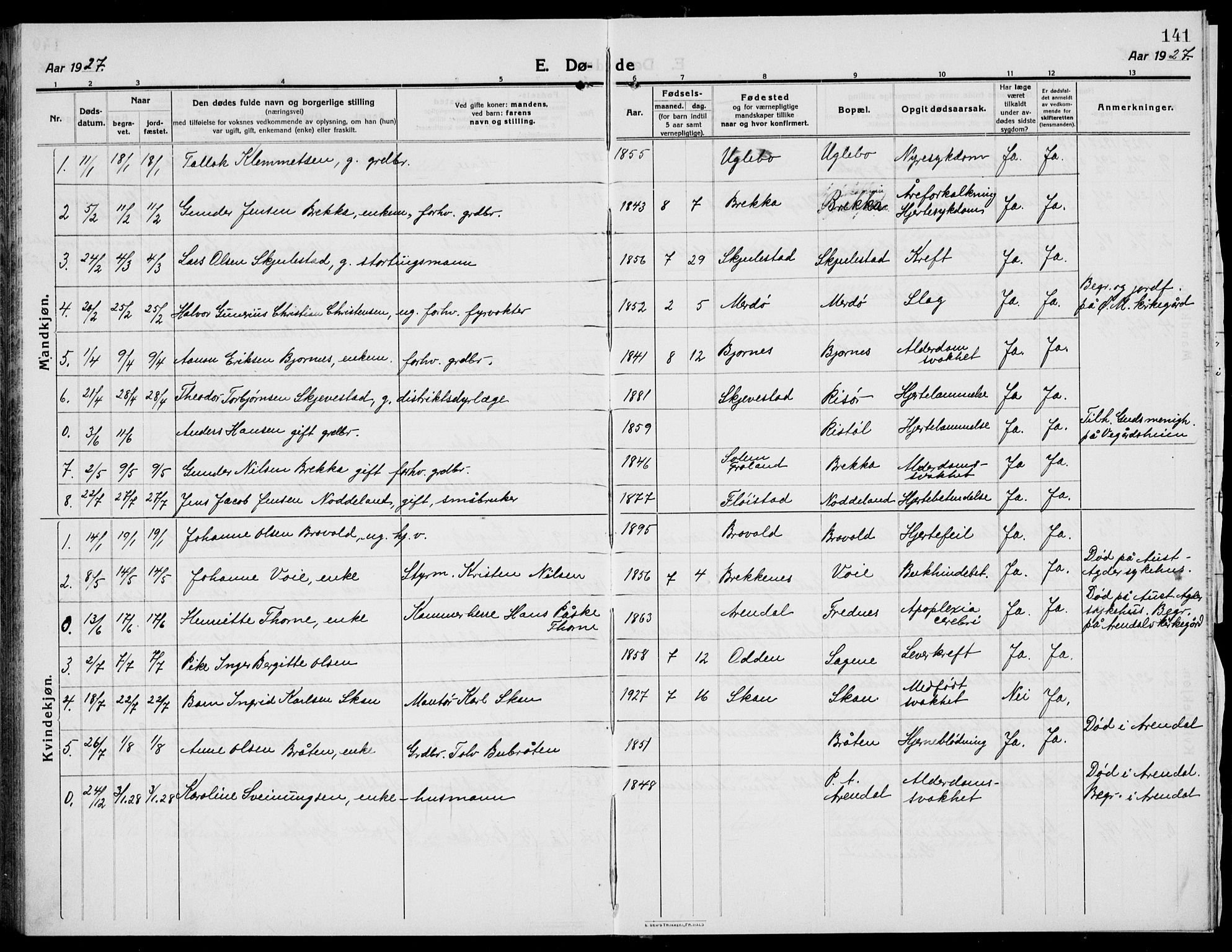 Austre Moland sokneprestkontor, SAK/1111-0001/F/Fb/Fba/L0005: Parish register (copy) no. B 4b, 1914-1935, p. 141