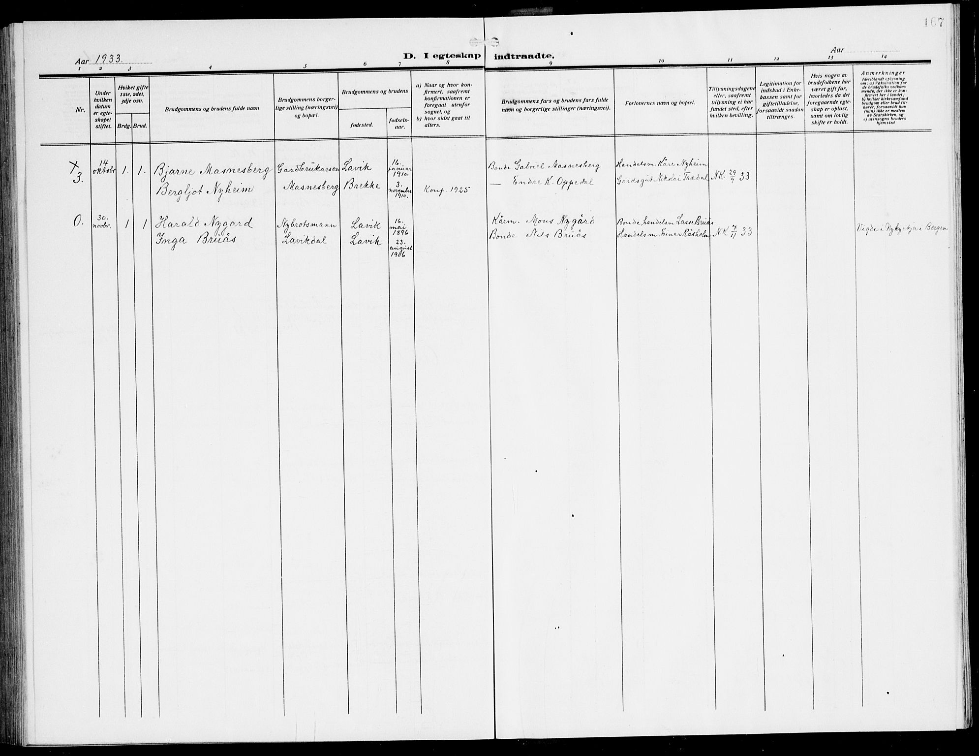 Lavik sokneprestembete, AV/SAB-A-80901: Parish register (copy) no. A 3, 1911-1942, p. 167