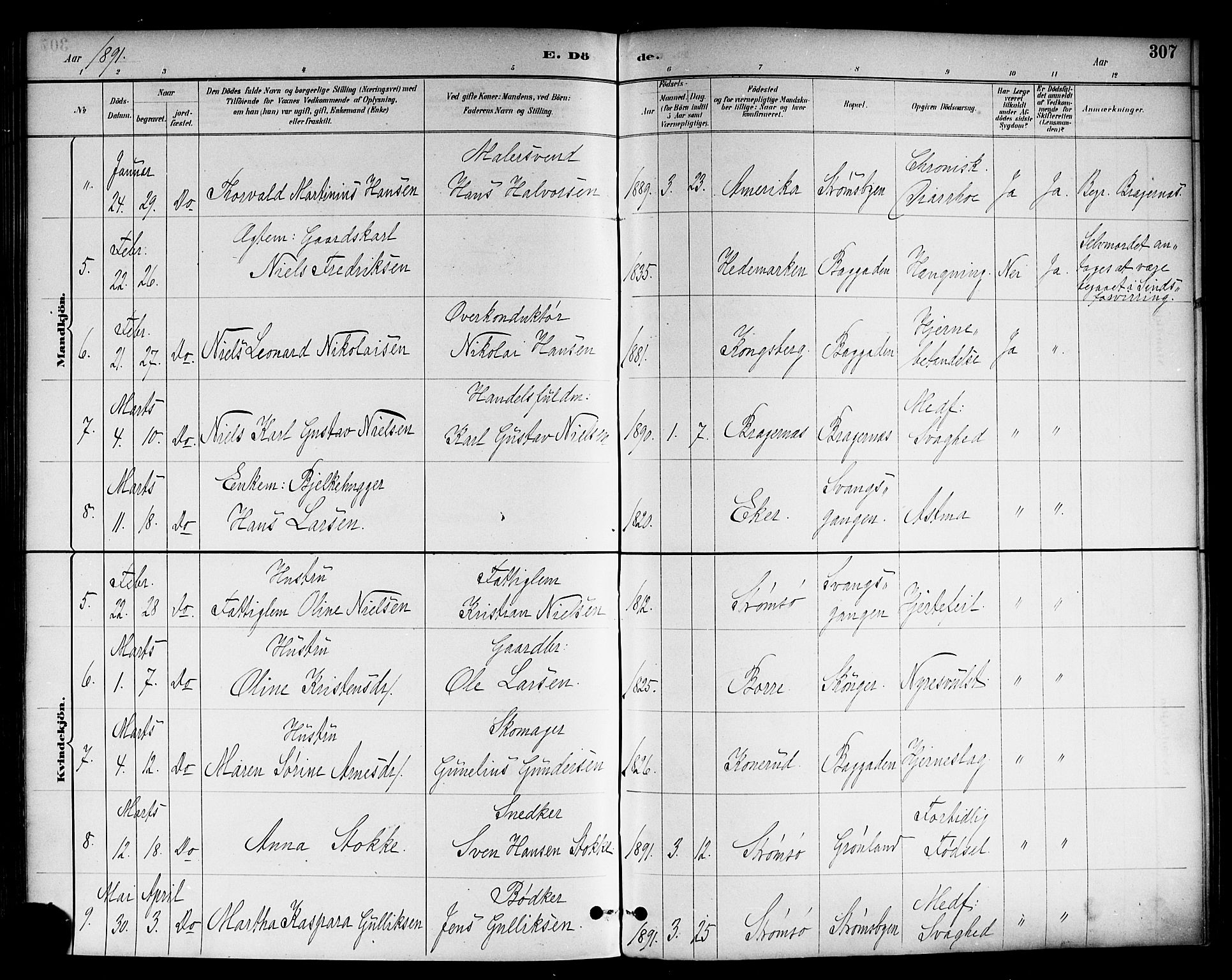 Strømsø kirkebøker, AV/SAKO-A-246/F/Fa/L0023: Parish register (official) no. I 23, 1885-1894, p. 307