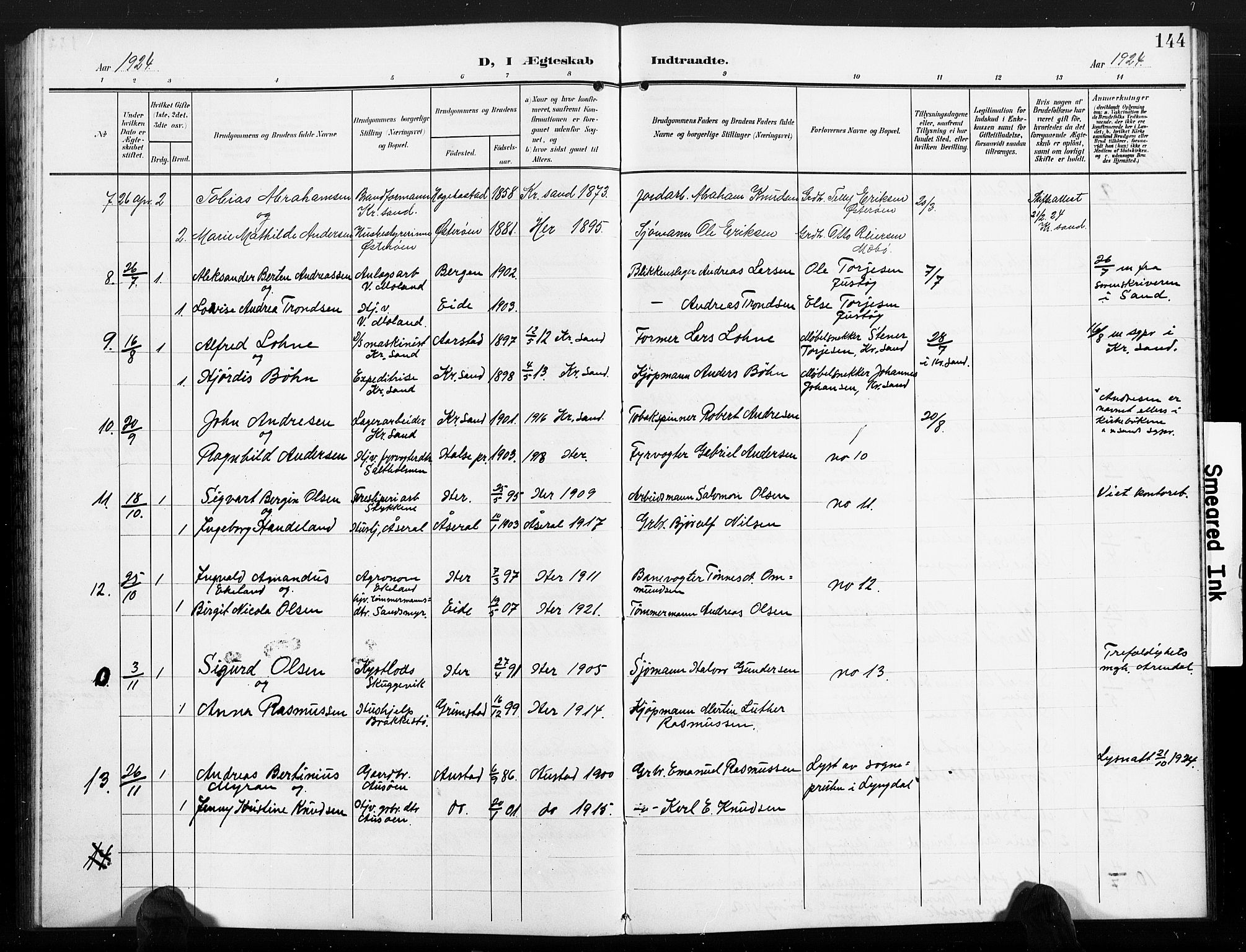 Vestre Moland sokneprestkontor, AV/SAK-1111-0046/F/Fb/Fbb/L0007: Parish register (copy) no. B 7, 1906-1929, p. 144