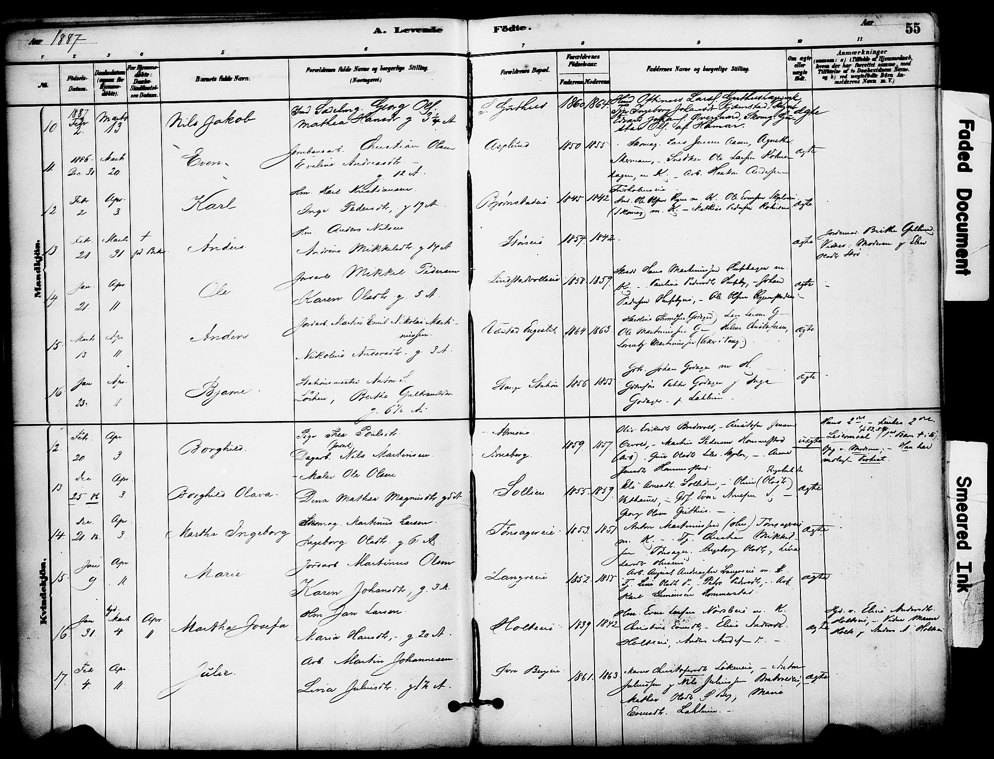 Stange prestekontor, SAH/PREST-002/K/L0017: Parish register (official) no. 17, 1880-1893, p. 55