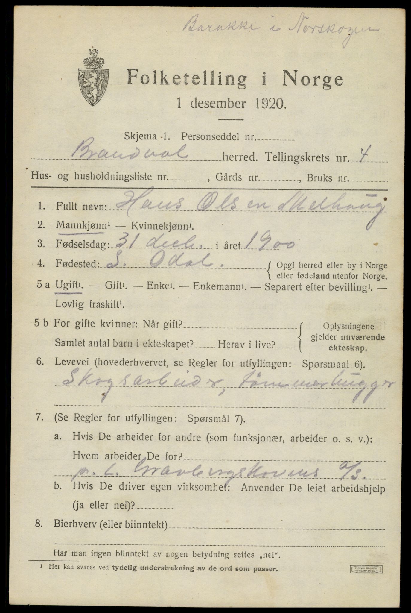 SAH, 1920 census for Brandval, 1920, p. 4368