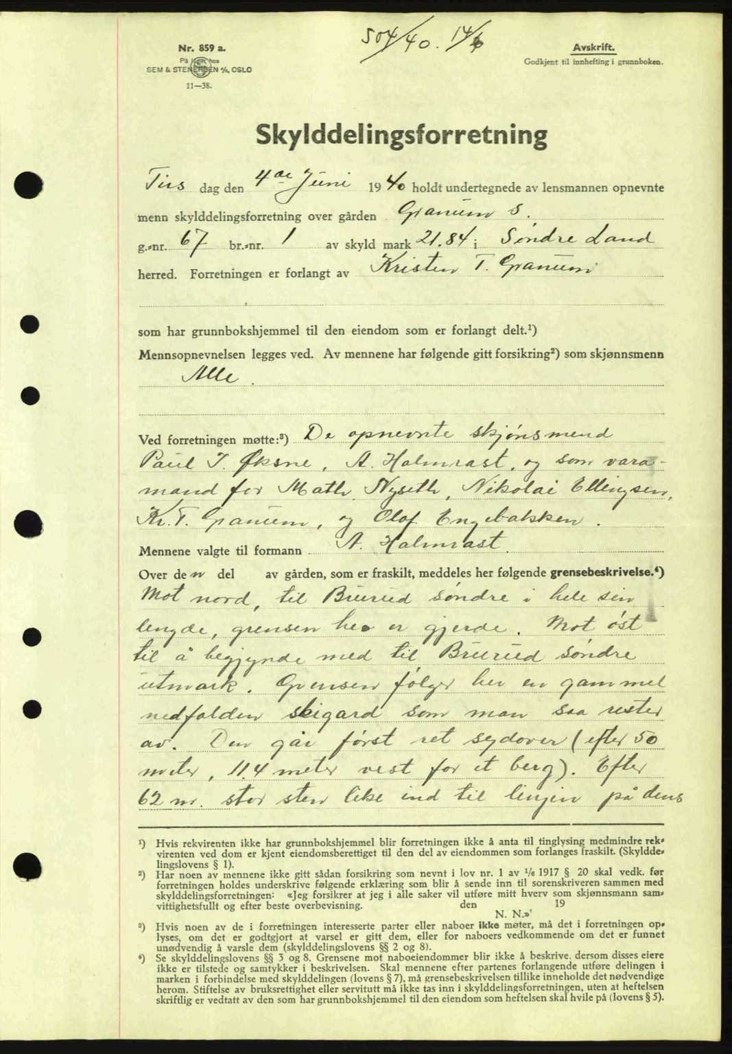 Hadeland og Land tingrett, AV/SAH-TING-010/H/Hb/Hbb/L0079: Mortgage book no. A79, 1939-1940, Diary no: : 504/1940