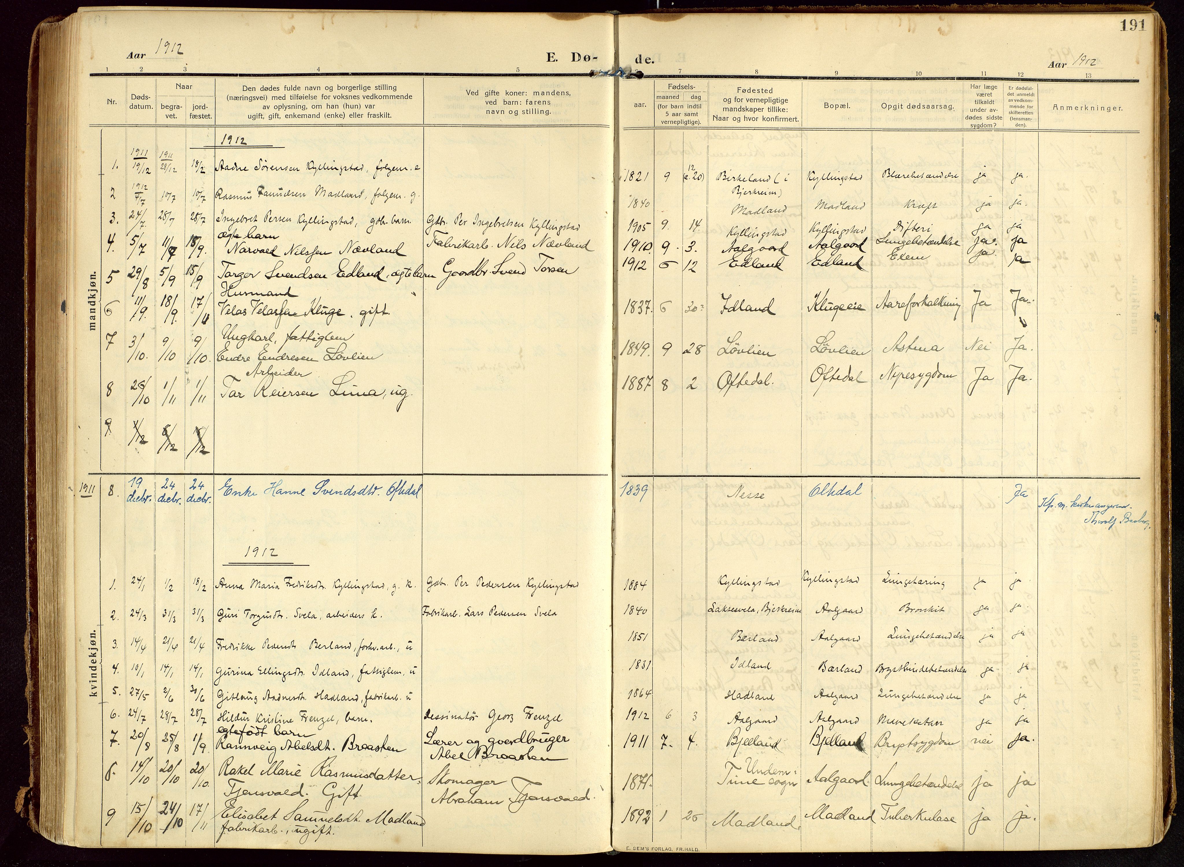 Lye sokneprestkontor, SAST/A-101794/002/B/L0001: Parish register (official) no. A 13, 1910-1925, p. 191