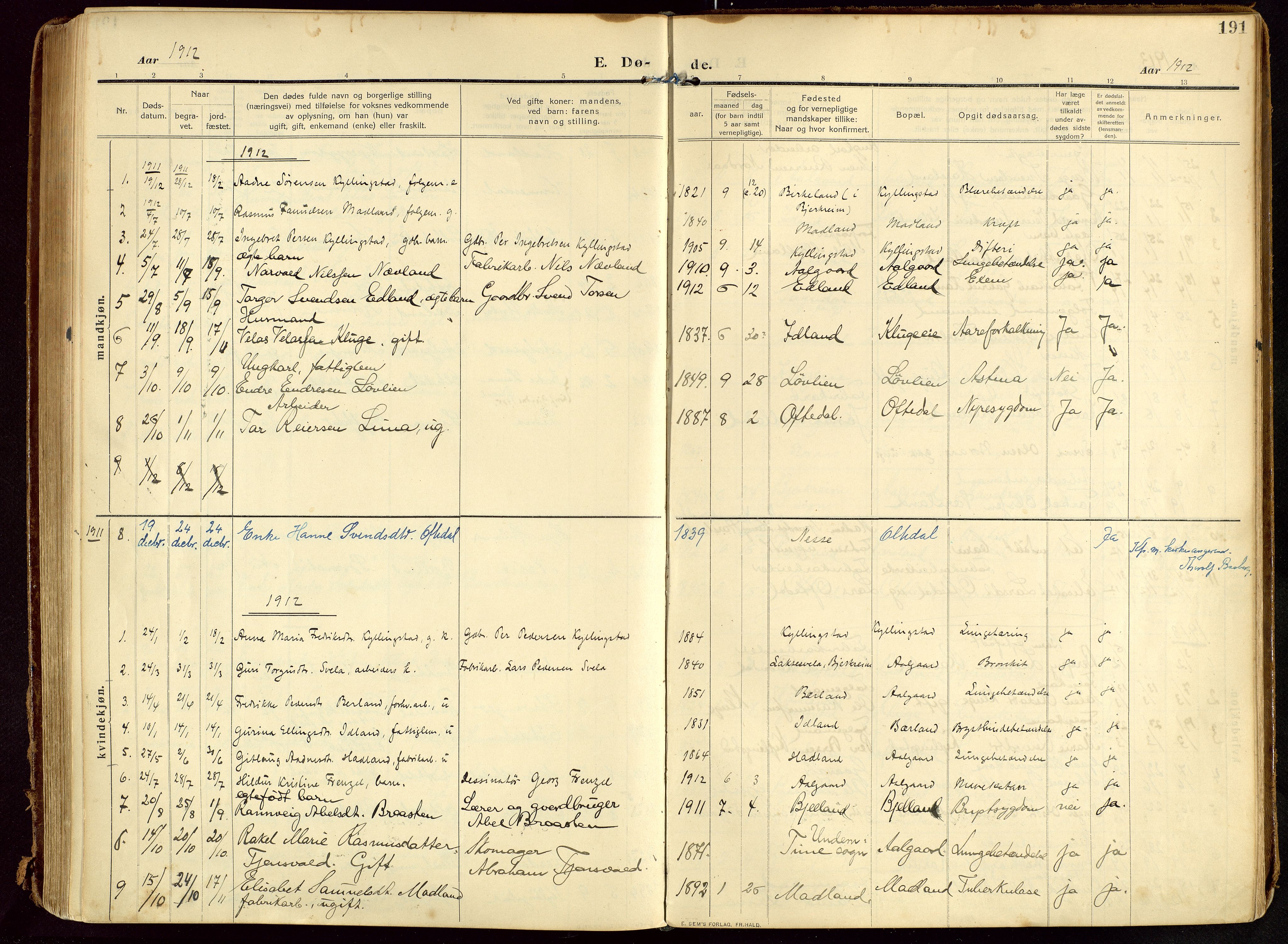 Lye sokneprestkontor, AV/SAST-A-101794/002/B/L0001: Parish register (official) no. A 13, 1910-1925, p. 191