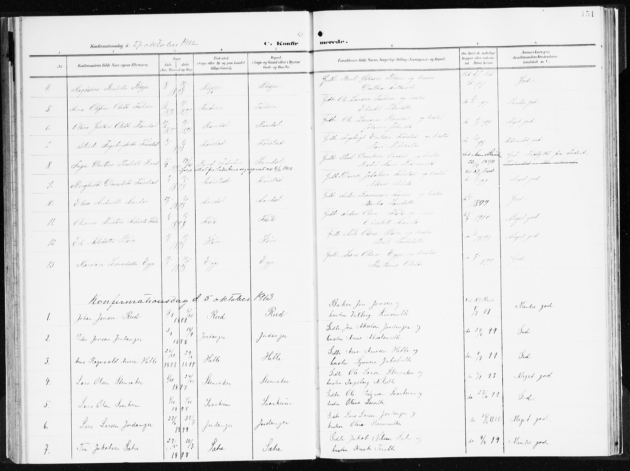 Gloppen sokneprestembete, AV/SAB-A-80101/H/Haa/Haac/L0003: Parish register (official) no. C 3, 1904-1921, p. 151