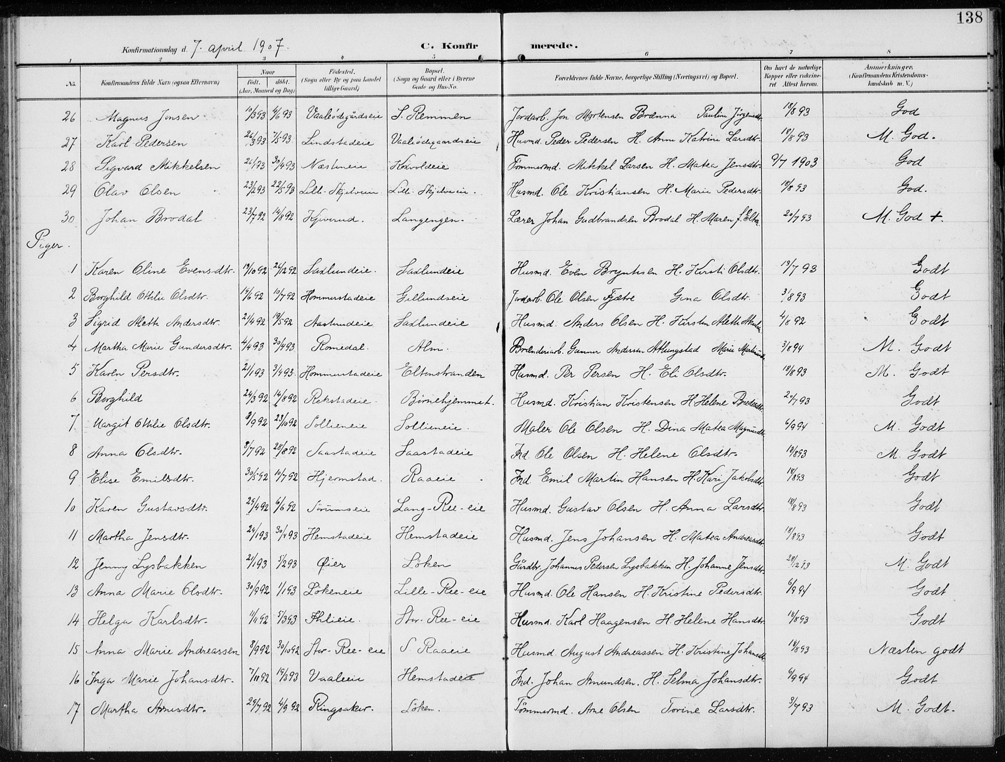 Stange prestekontor, AV/SAH-PREST-002/K/L0024: Parish register (official) no. 24, 1906-1922, p. 138