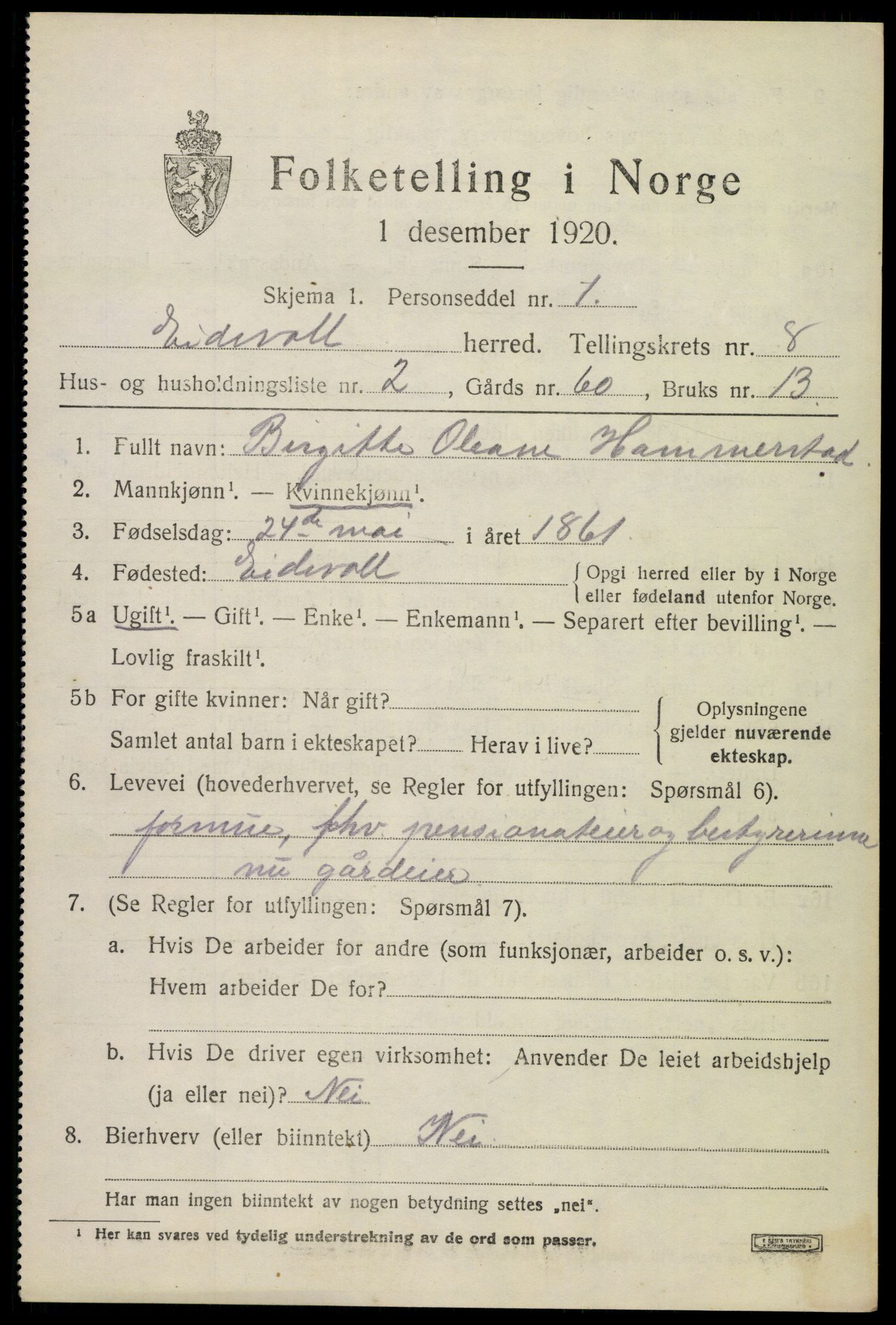 SAO, 1920 census for Eidsvoll, 1920, p. 12783